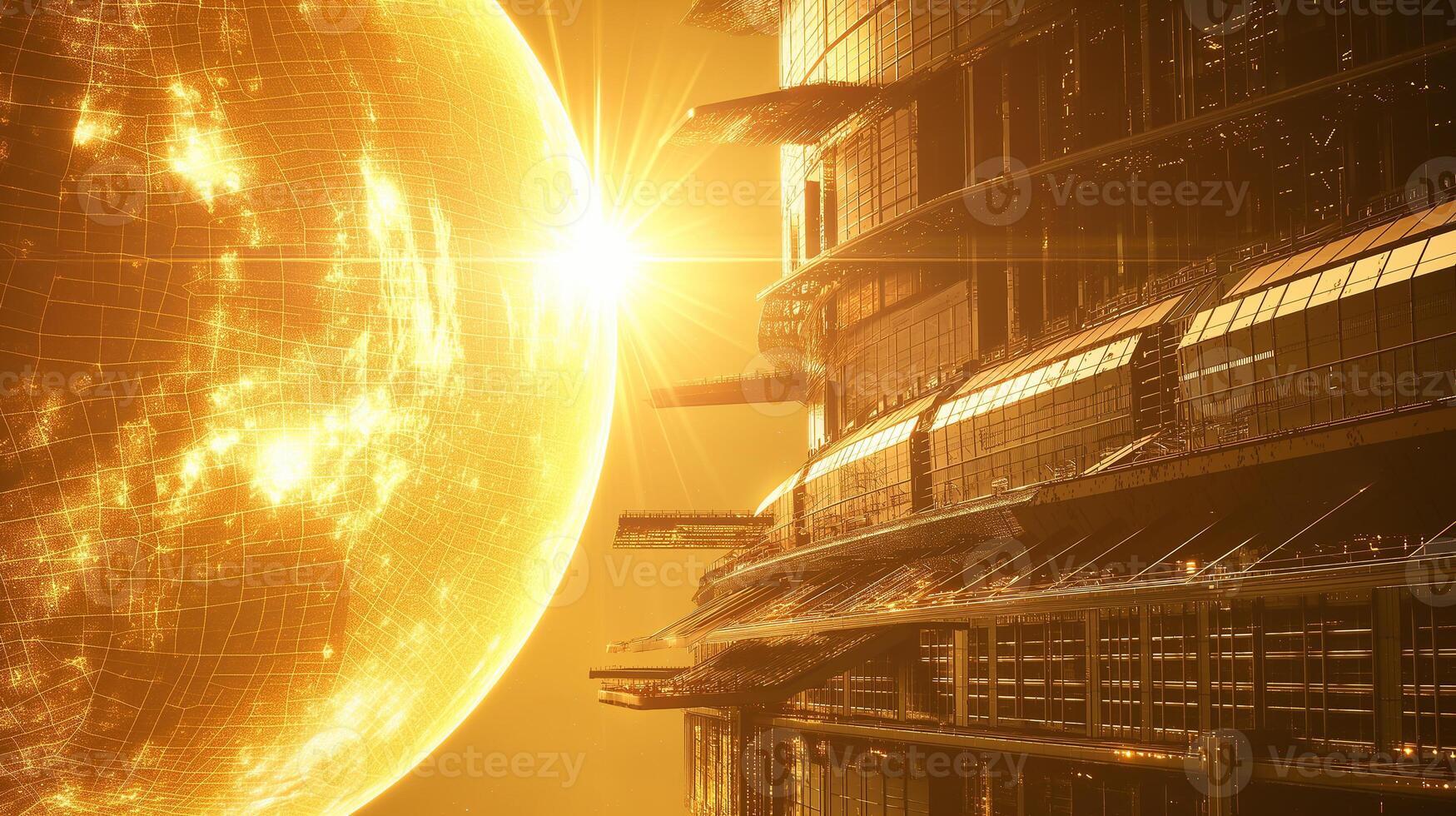 This futuristic structure operates on asteroid regolith extraction, illuminated by a bright sun. photo