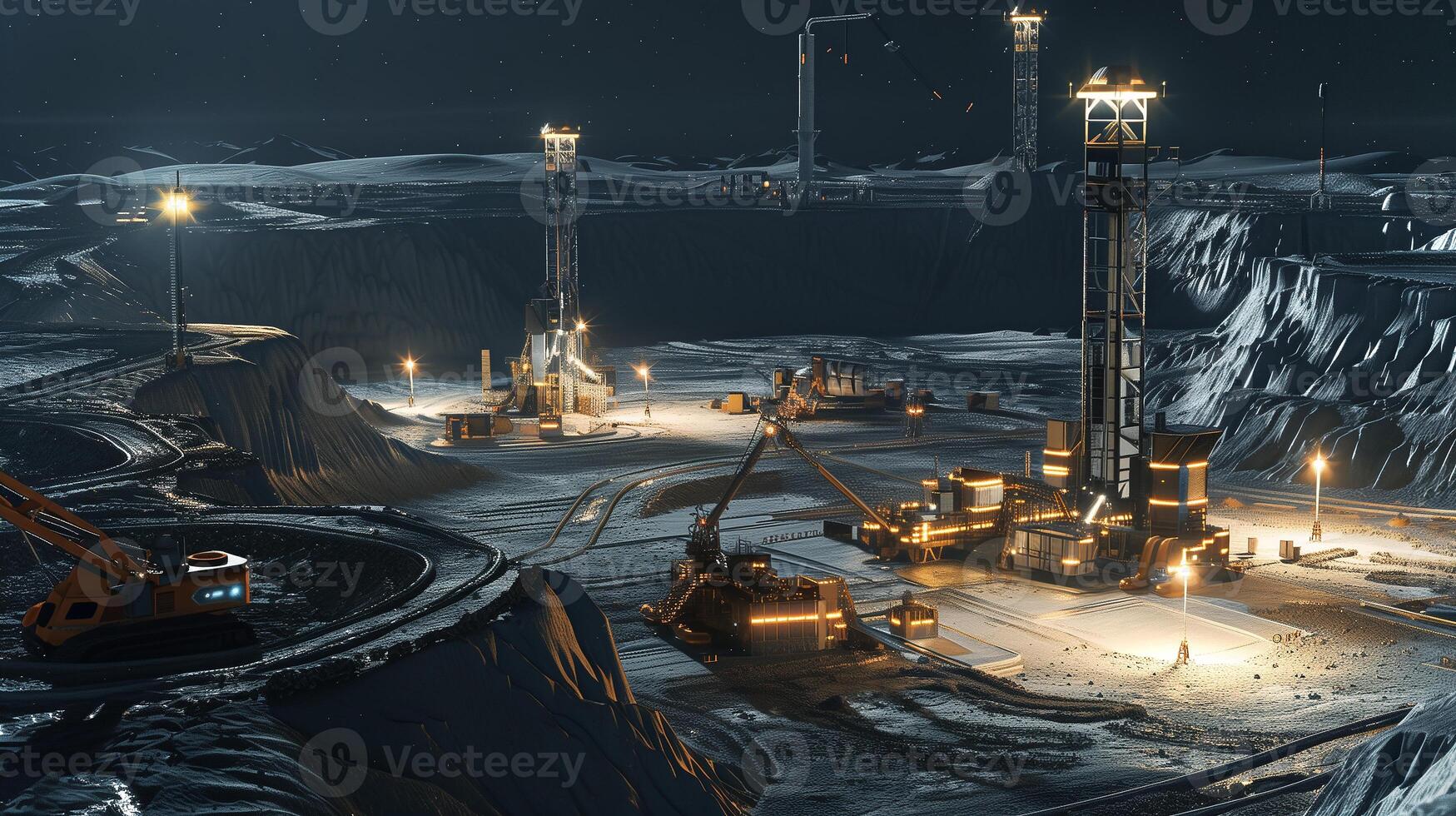 This Advanced machines extract asteroid regolith at a mining site illuminated by bright lights. photo