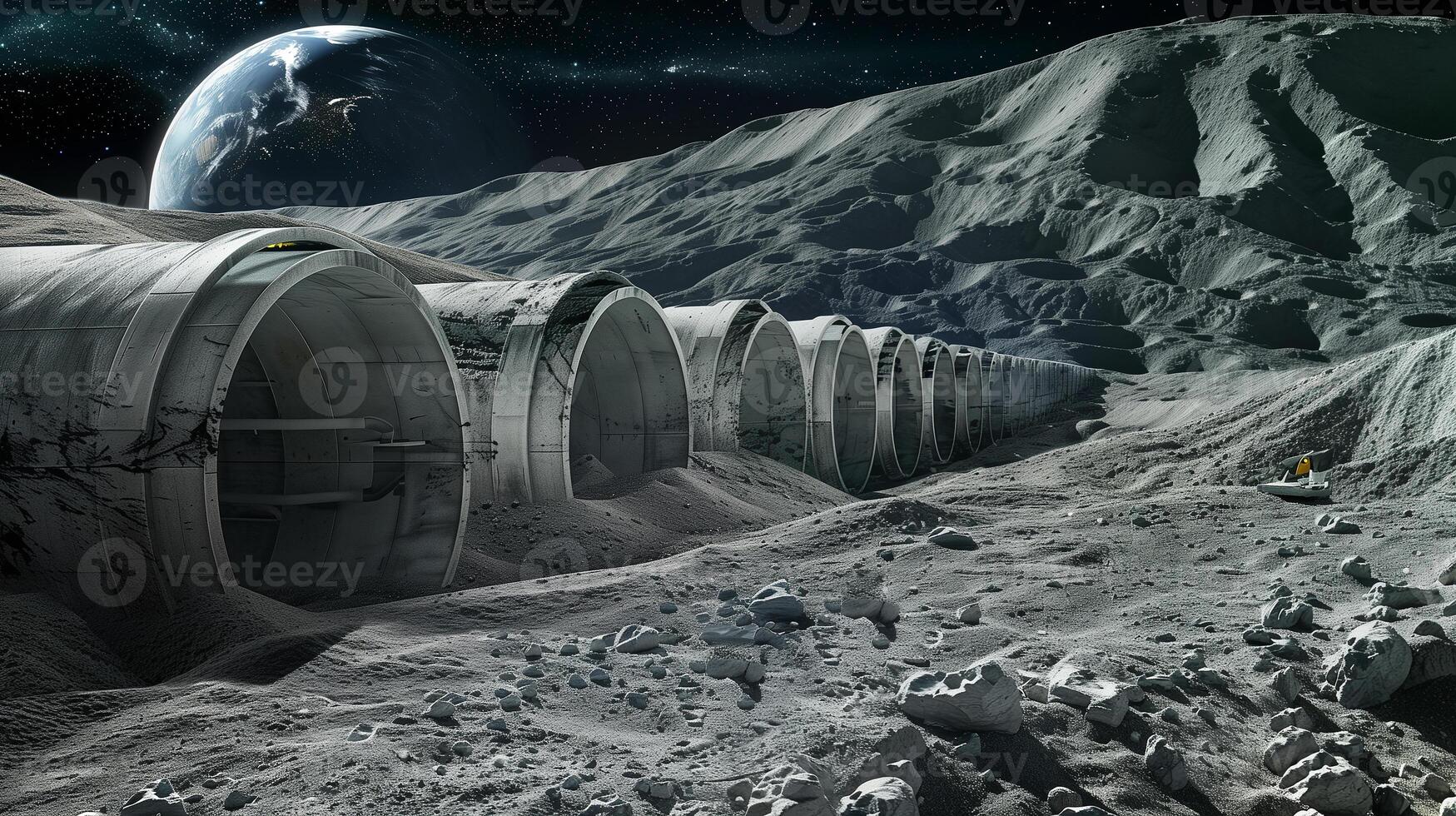 This Workers operate machinery to extract valuable regolith from an asteroid base on the lunar surface. photo