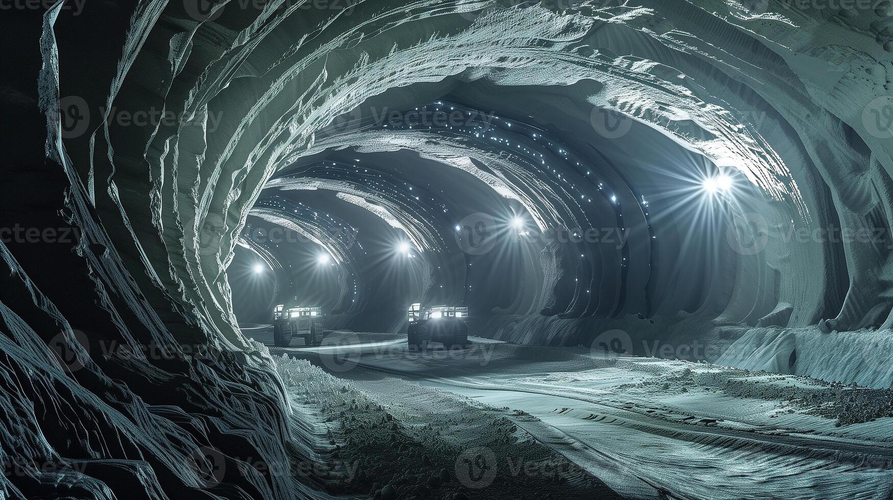 This Light illuminates the interior of a tunnel where machinery extracts regolith for a complex refinery. photo