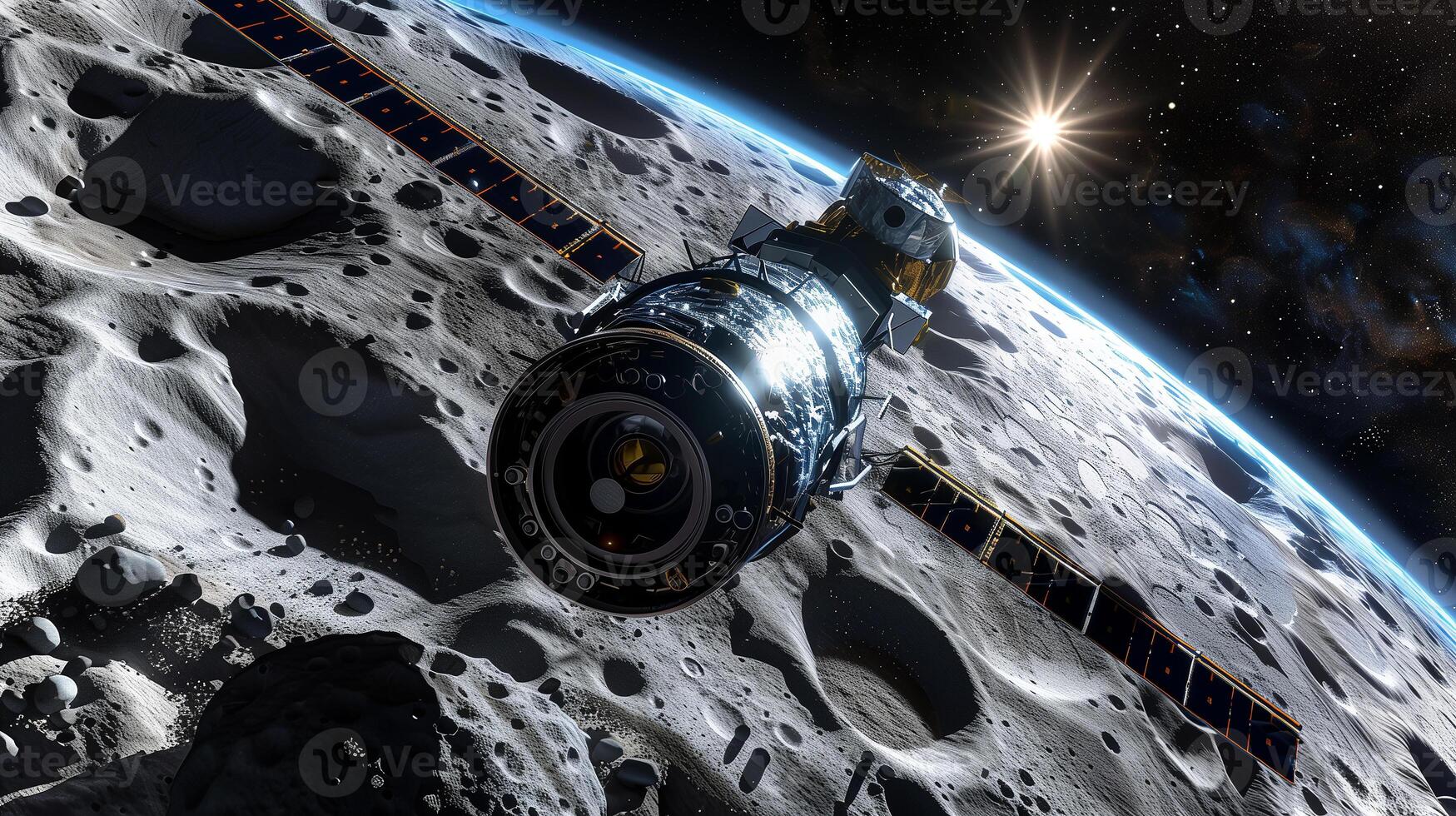 This spacecraft orbits an asteroid, mining, with stars and distant planets in the backdrop. photo