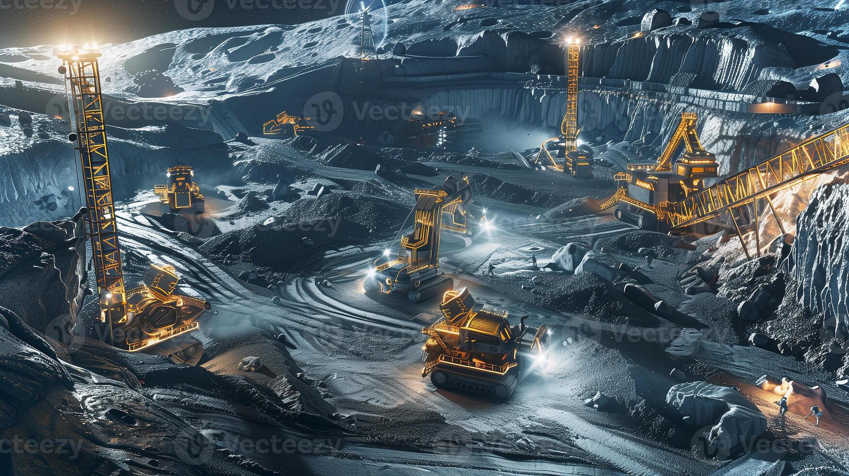 This Heavy machinery operates on an asteroid surface, extracting regolith for resource refinement. photo