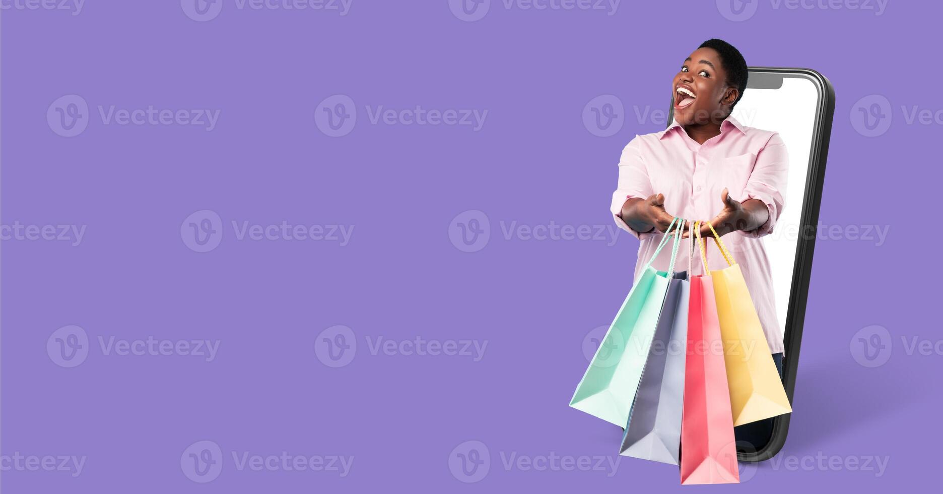 A happy buyer interacts with an online store through a smartphone. They are excitedly displaying shopping bags, representing a successful purchase experience, against a vibrant background. photo