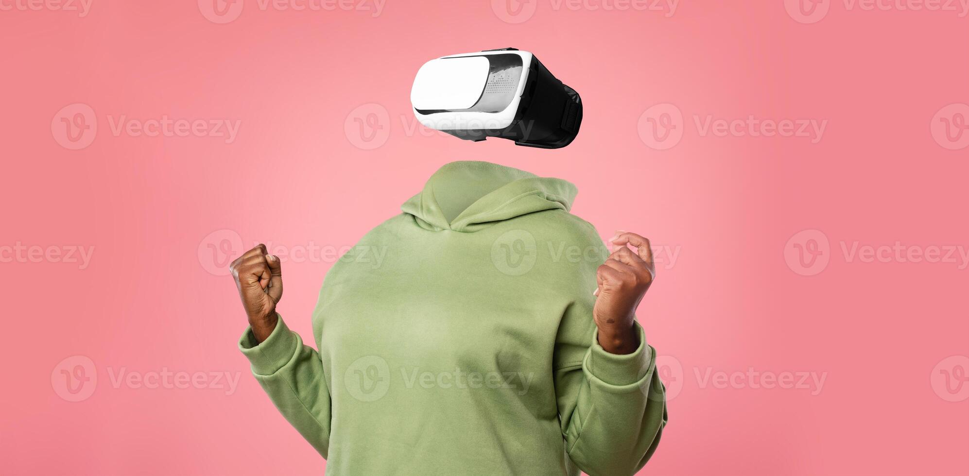 A person is immersed in a virtual reality experience using modern goggles. photo