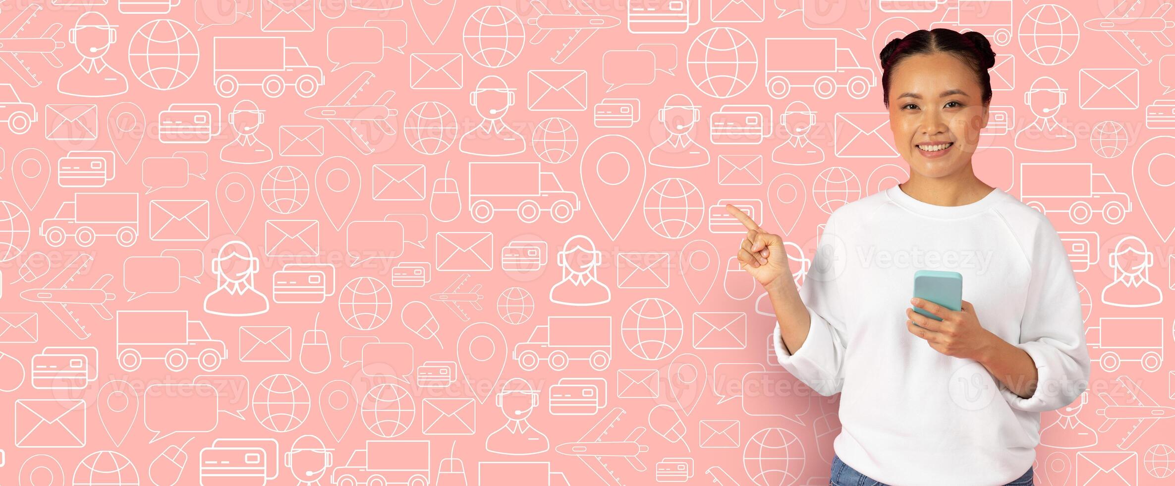 A happy buyer interacts with a smartphone, engaging in online shopping. The eclectic background features elements of delivery and commerce, emphasizing modern e-commerce trends. photo