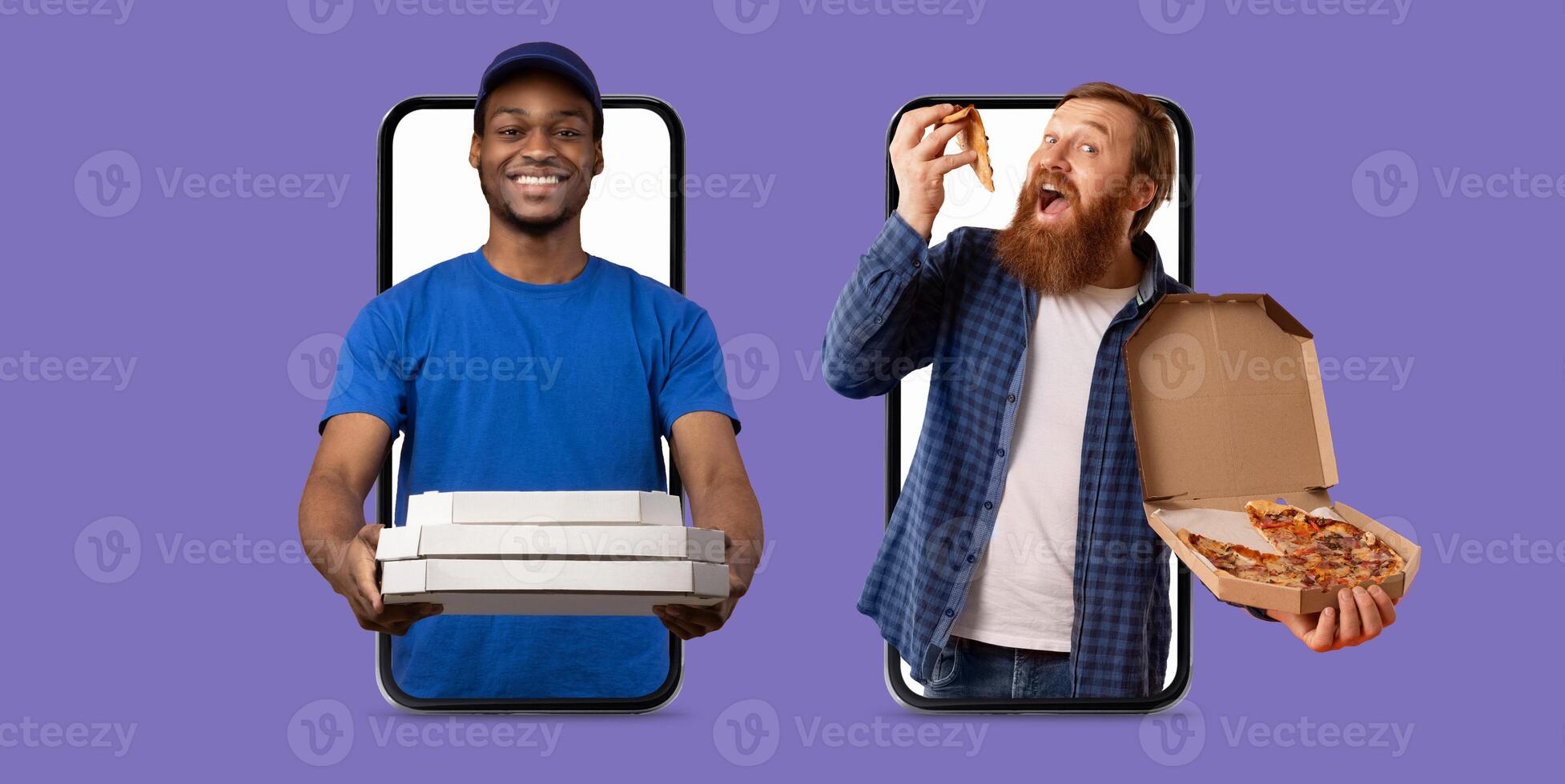 Delivery man holds pizza boxes, while the customer enjoys a slice, highlighting modern commerce in a playful setting. photo