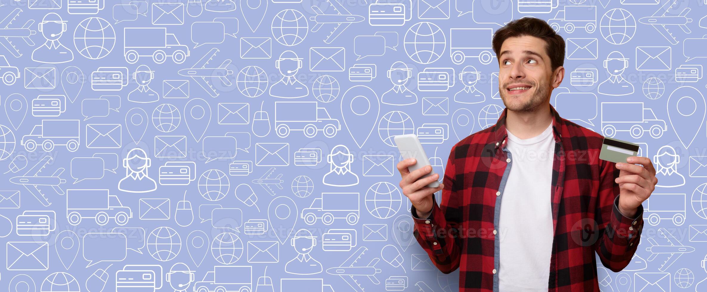 A buyer holds a smartphone and credit card while exploring an online store. The background features various icons representing e-commerce and delivery services, creating a vibrant shopping atmosphere. photo