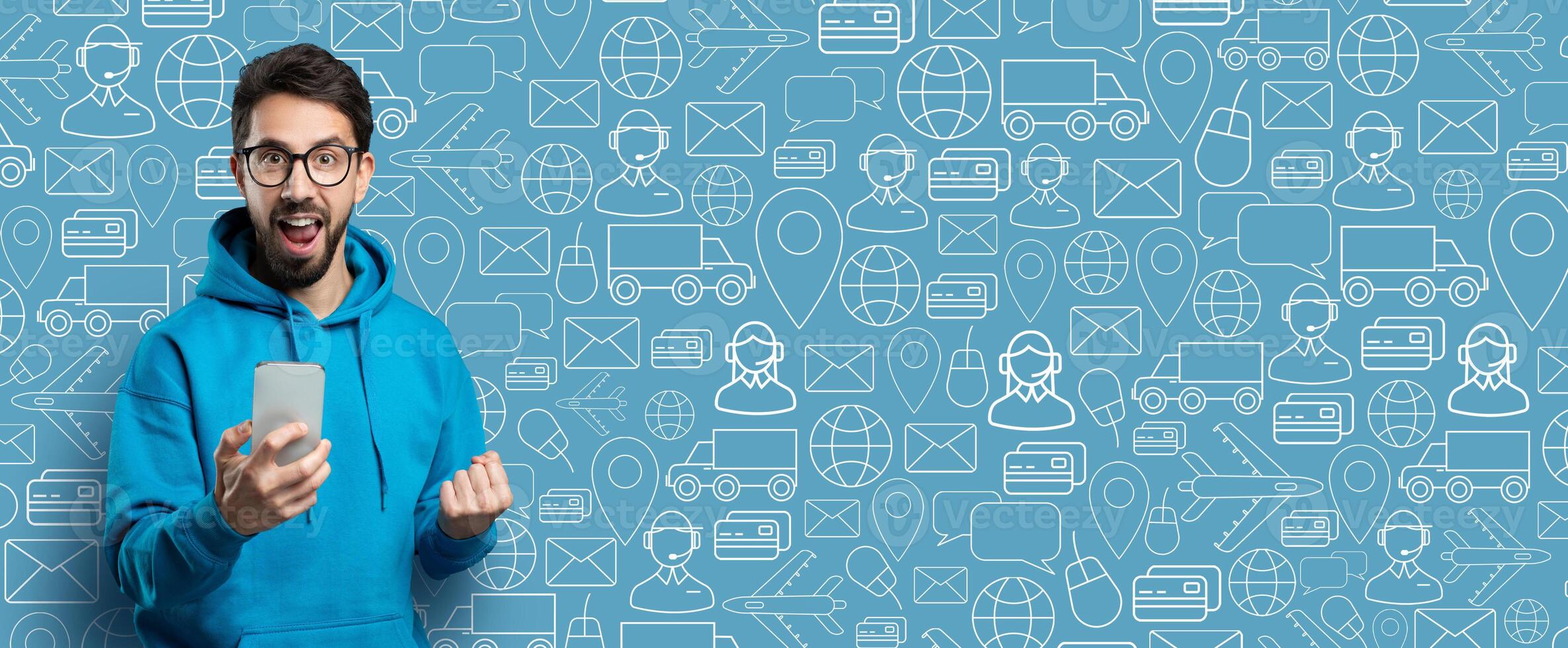 A happy customer is holding a smartphone, expressing excitement about online shopping. The background features various icons representing delivery services and online commerce activities. photo