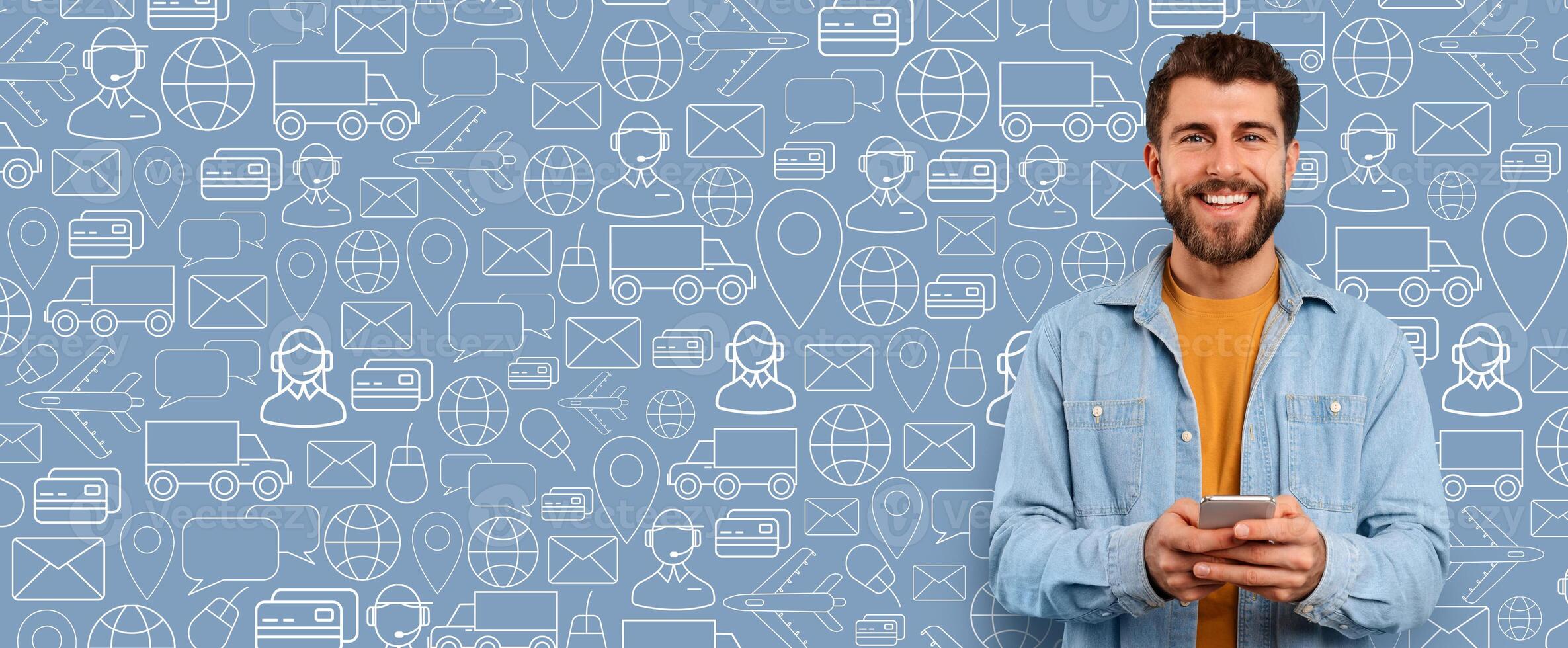 A buyer stands against a collage of ecommerce icons, actively using a smartphone to explore online shopping options for delivery services. Background features delivery, web, and shopping symbols. photo