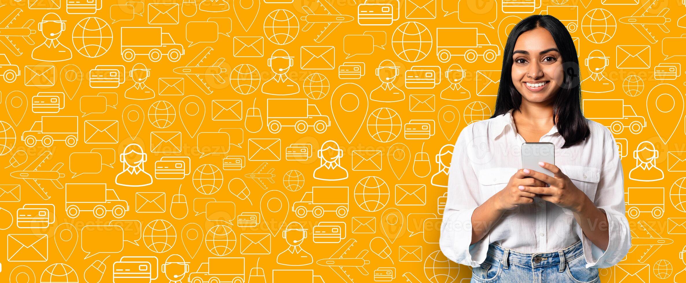 A person is engaged in online shopping using a smartphone. They appear happy while navigating a delivery service application against a bright, illustrated background featuring commerce themes. photo