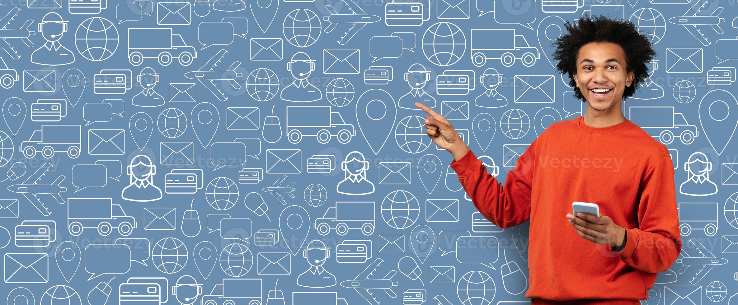 A cheerful buyer uses a smartphone to browse an online store for purchases. The backdrop features elements of digital commerce and delivery services, suggesting a modern shopping experience. photo