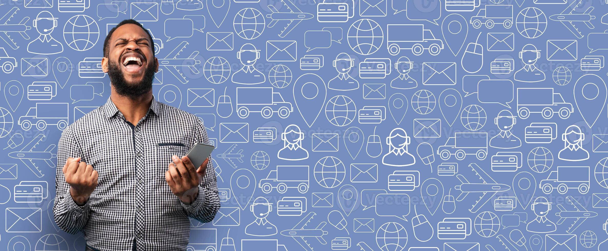 A joyful buyer is expressing excitement after making a successful purchase through a smartphone application. The background features a collage of delivery and shopping-related icons. photo