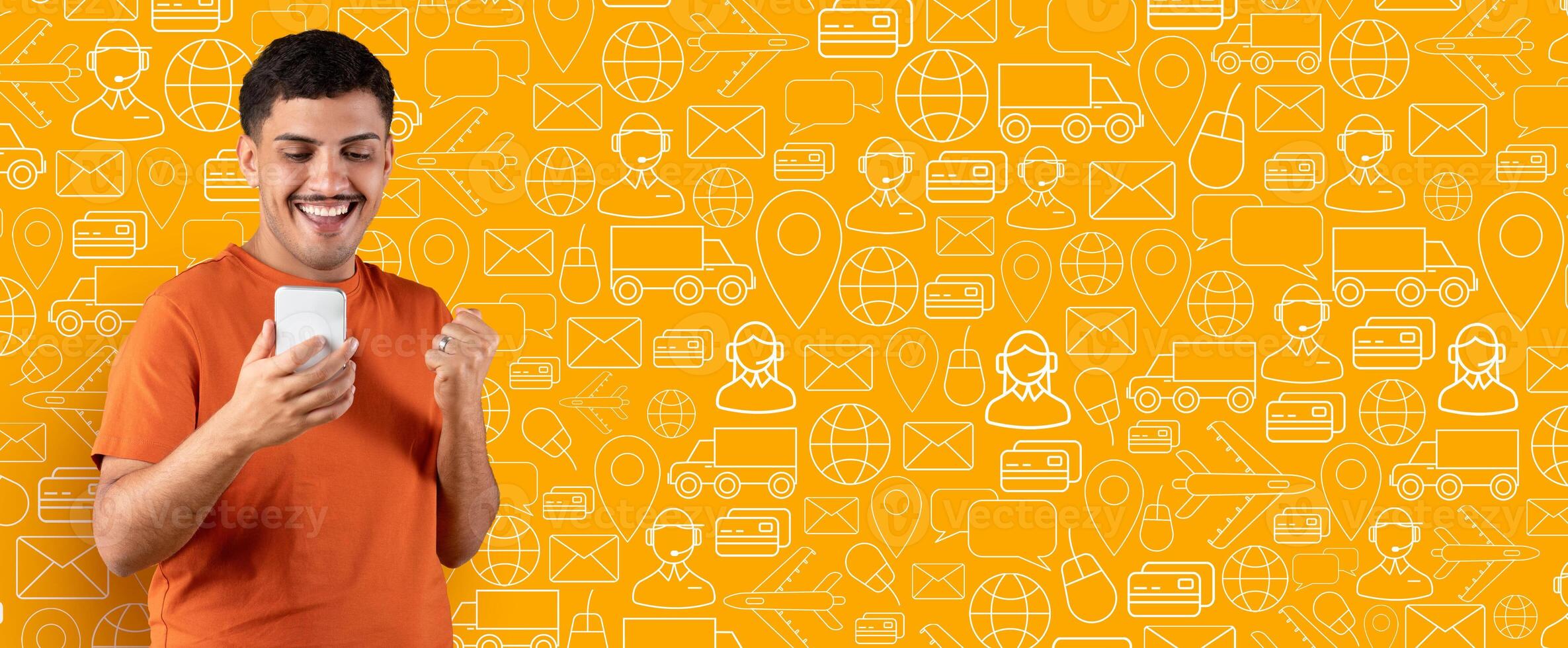 A happy customer engages with a smartphone application to browse an online store. The vibrant background features delivery and communication icons, highlighting the ecommerce experience. photo