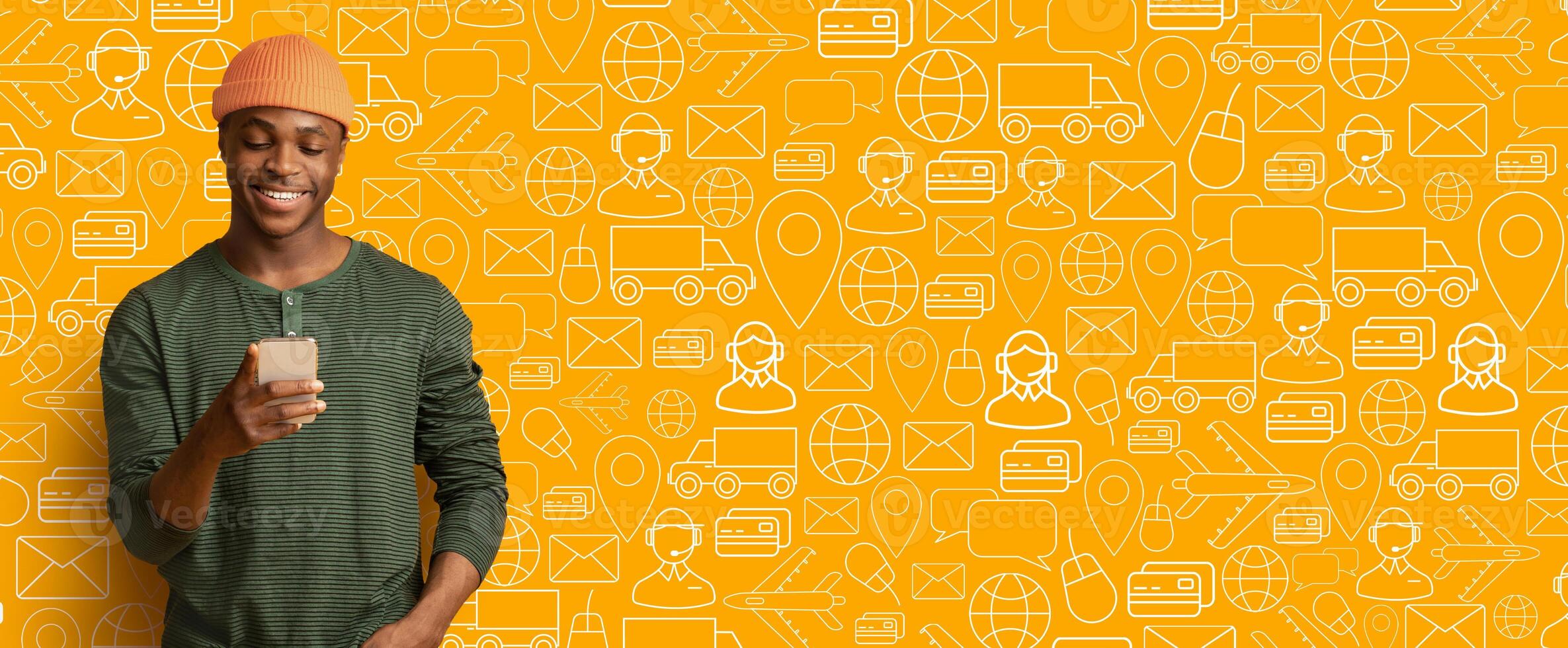 A cheerful buyer interacts with a smartphone, engaged in online shopping. The vibrant background features delivery and commerce icons, depicting a modern shopping experience. photo