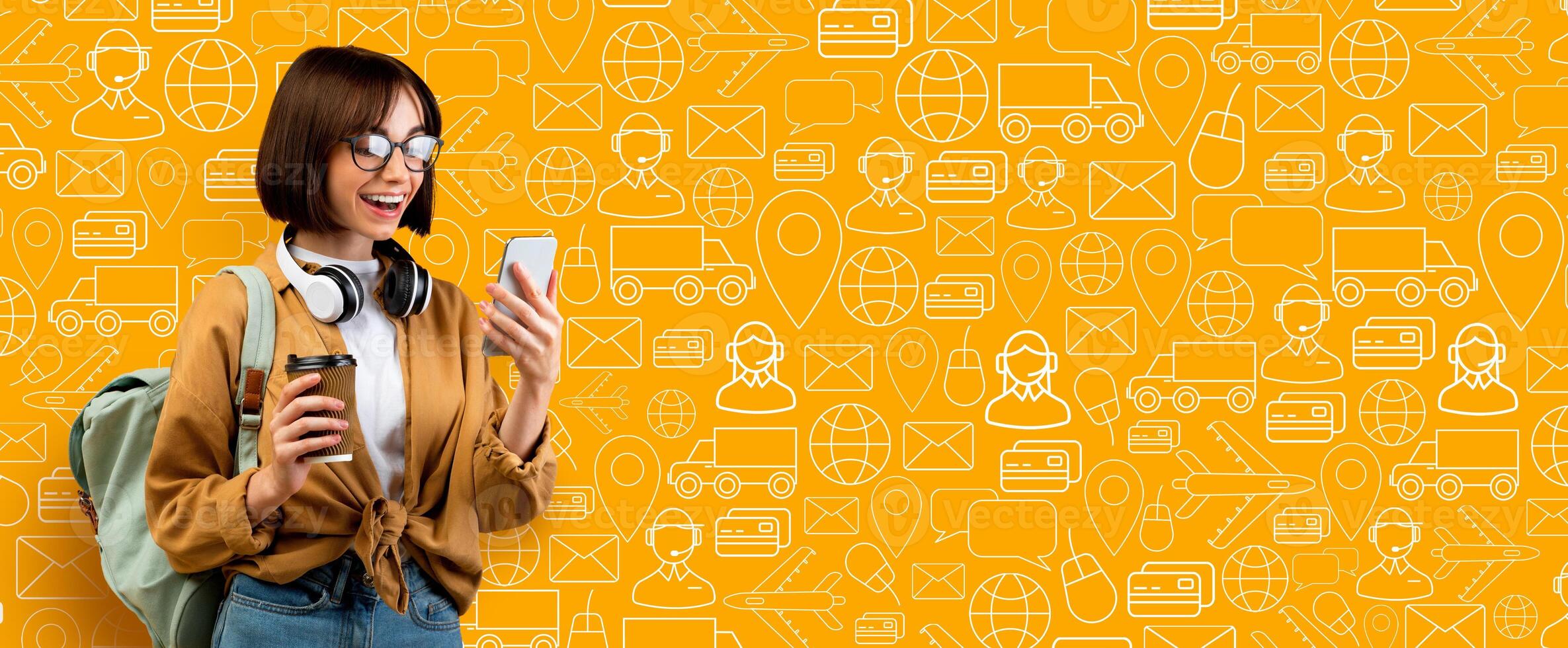 A young customer with glasses enjoys her coffee while using a smartphone to browse an online shopping application. The bright background features icons related to delivery and commerce. photo