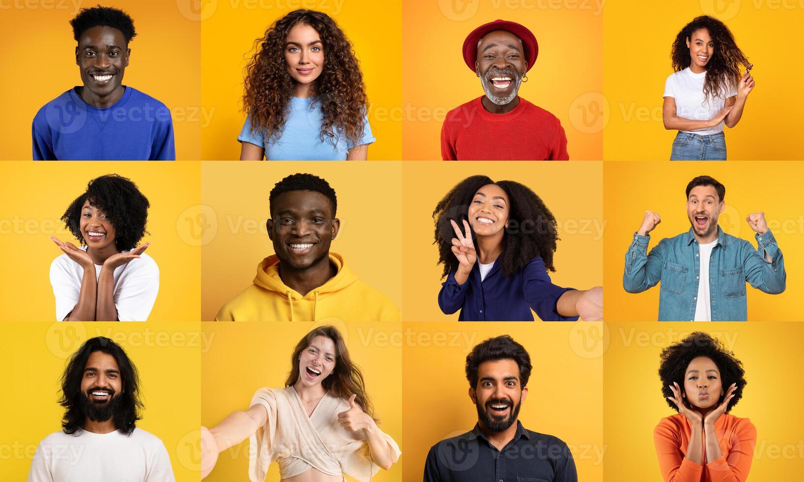 A vibrant collage features a joyful collection of men and women from diverse backgrounds. Each person showcases unique expressions of happiness, set against a lively yellow backdrop. photo