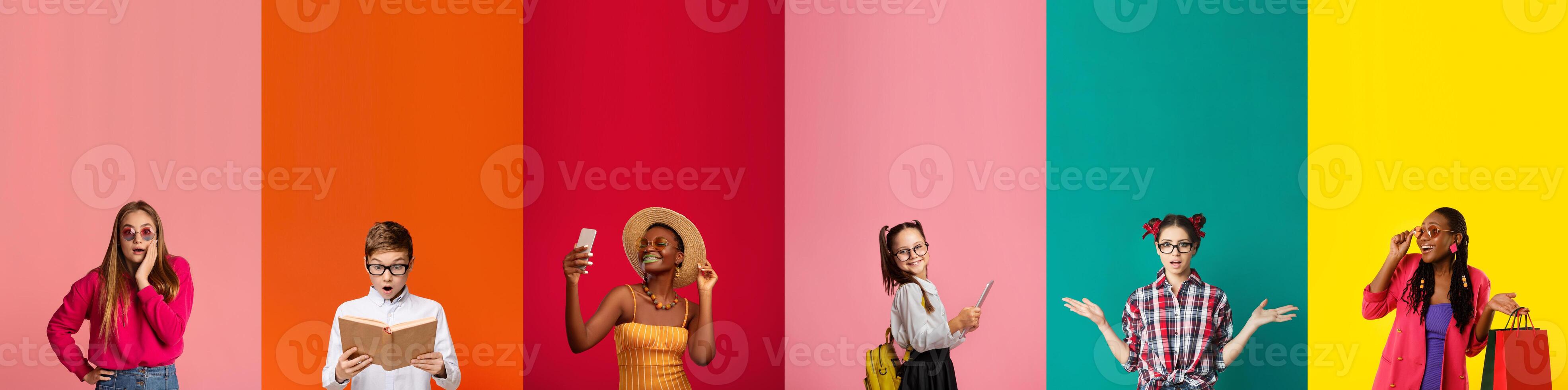 A cheerful collection of diverse individuals showcases summer joy in vibrant colors. Each person engages in fun activities, highlighting the happiness of friendship and different backgrounds. photo