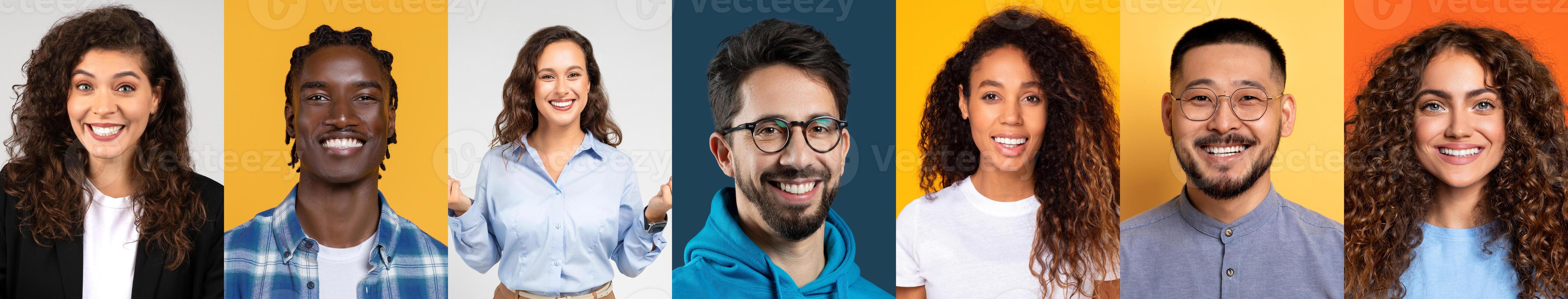 A vibrant collage showcases a diverse group of men and women with various backgrounds, each expressing joy and confidence. The collection highlights the beauty photo