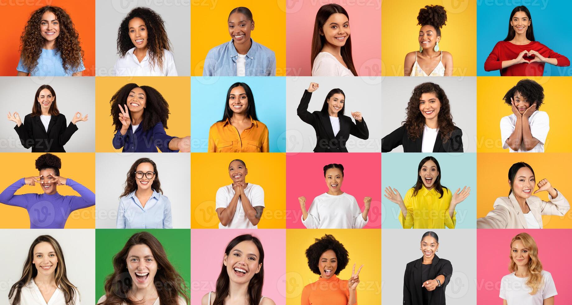 A collection of women of various backgrounds smiling and showing expressions of happiness and excitement. This vibrant set captures the beauty of diversity and unity. photo