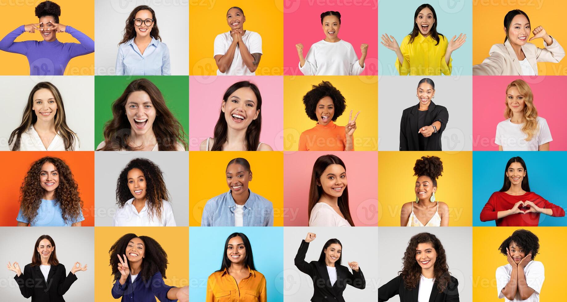 A vibrant collage features women from various backgrounds joyfully interacting. They display a range of emotions amid colorful backgrounds, showcasing unity in diversity. photo