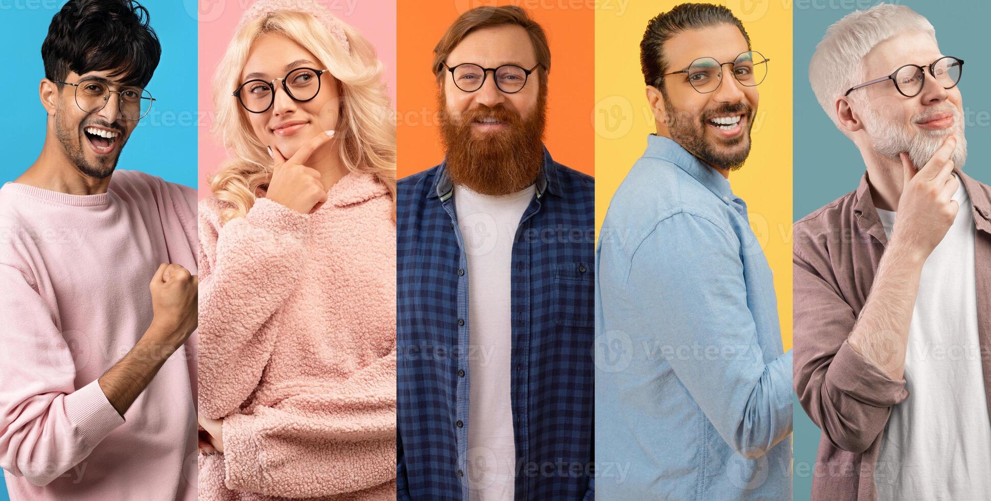 Five people with diverse backgrounds are joyfully posing against colorful backgrounds. photo
