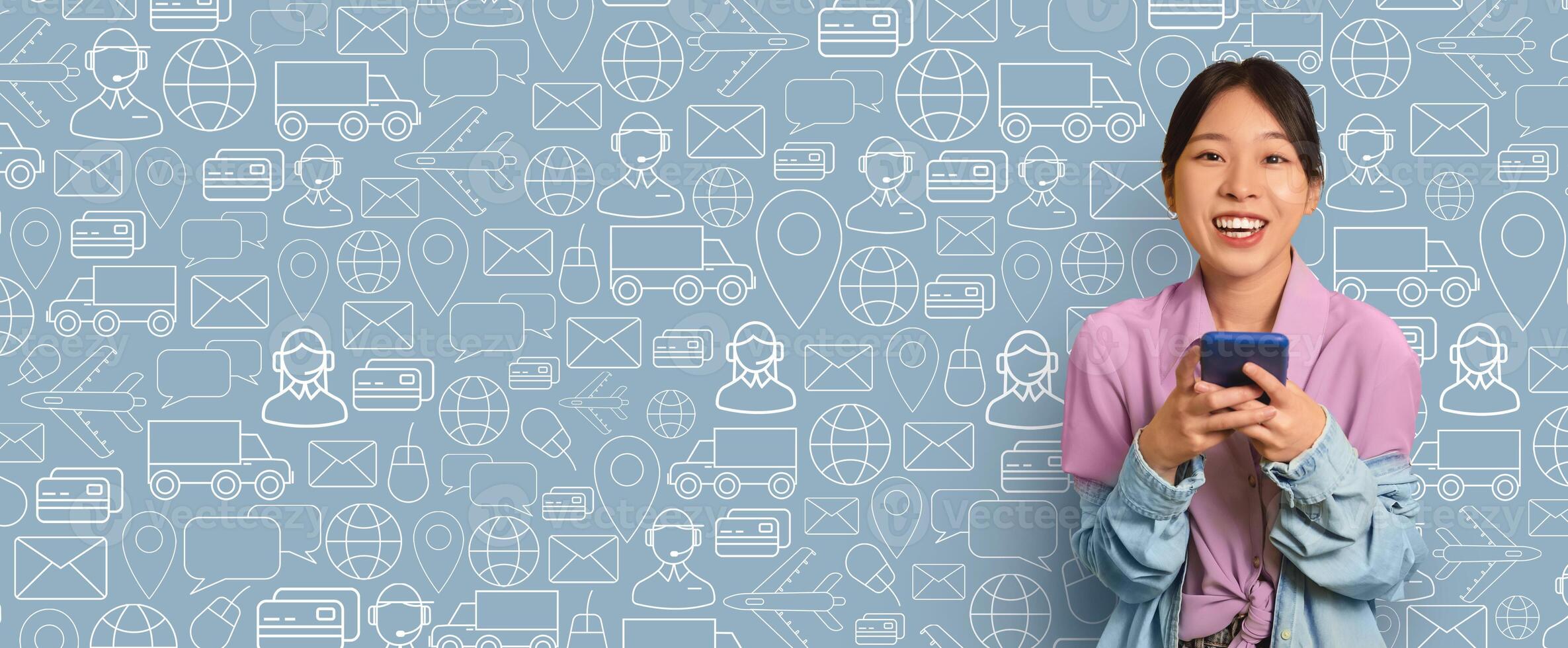 A young person smiles while holding a smartphone, engaged in online shopping. The background features a collage of delivery and communication icons, representing digital commerce. photo