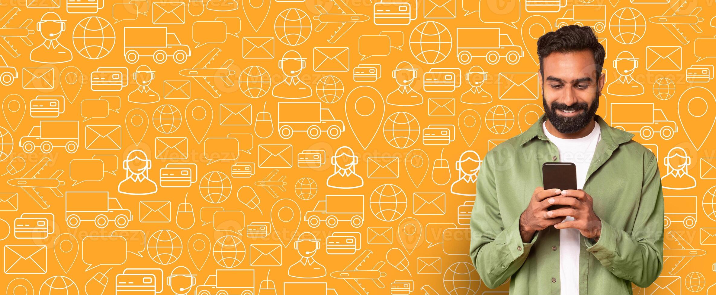 A buyer interacts with an online shopping application on a smartphone. The colorful backdrop features delivery and commerce symbols, emphasizing the modern shopping experience. photo