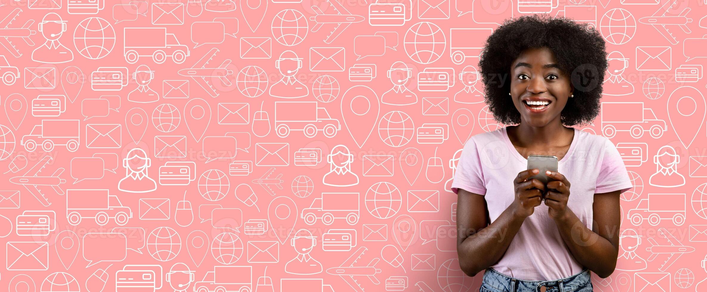 A happy customer holds a smartphone while engaging in online shopping. The cheerful atmosphere is enhanced by a vibrant collage of delivery and communication icons in the background. photo