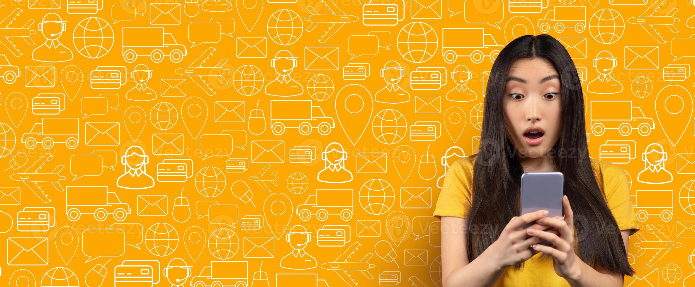 A buyer with long hair is surprised while using a smartphone for online shopping. The bright background features delivery icons, illustrating the e-commerce theme. photo