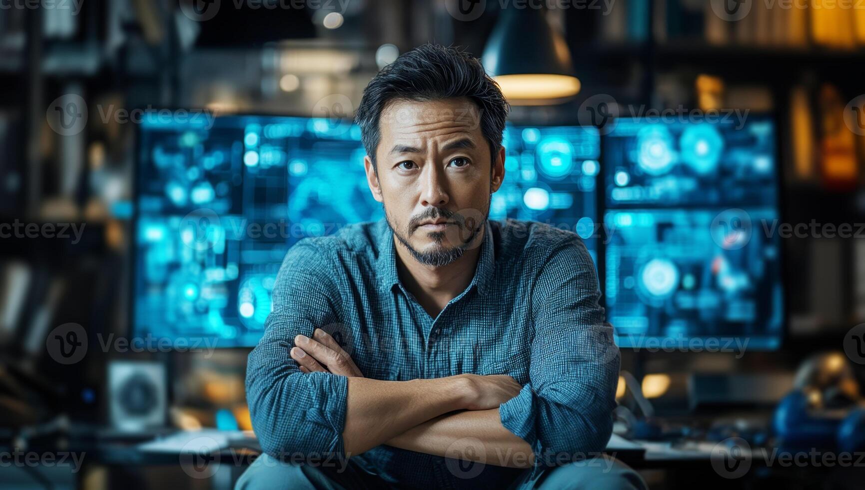 A cybersecurity expert sits confidently in a high-tech office filled with multiple monitors displaying complex data. He focuses on analyzing potential data breaches and risk management strategies. photo