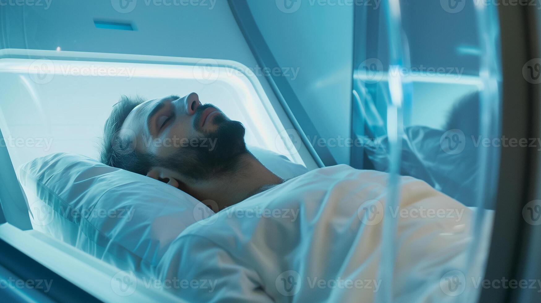 This person in cryosleep lies in a futuristic chamber designed for human preservation and exploration. photo