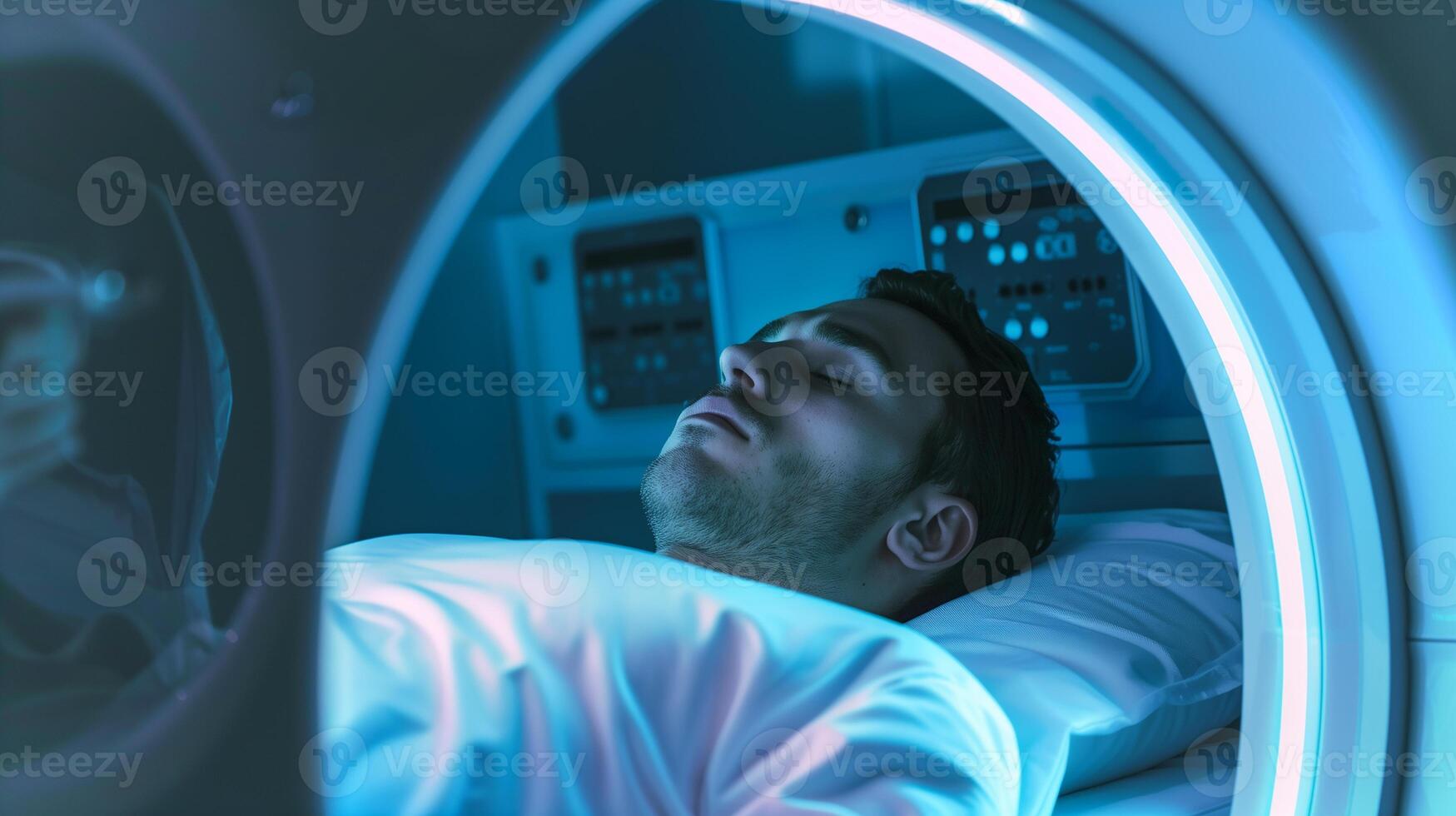 This person in cryonic suspension highlights advanced biotech for future immortality. photo