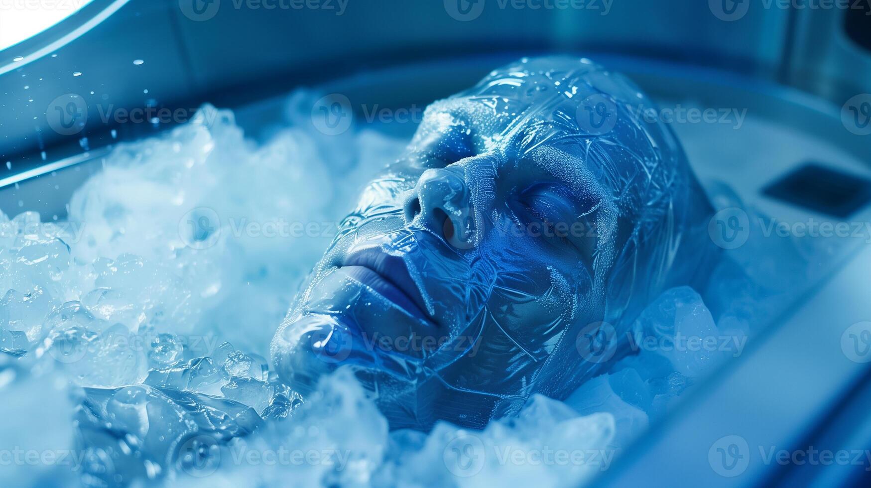 This figure in cryogenic sleep, encased in ice and machines, symbolizes future exploration. photo