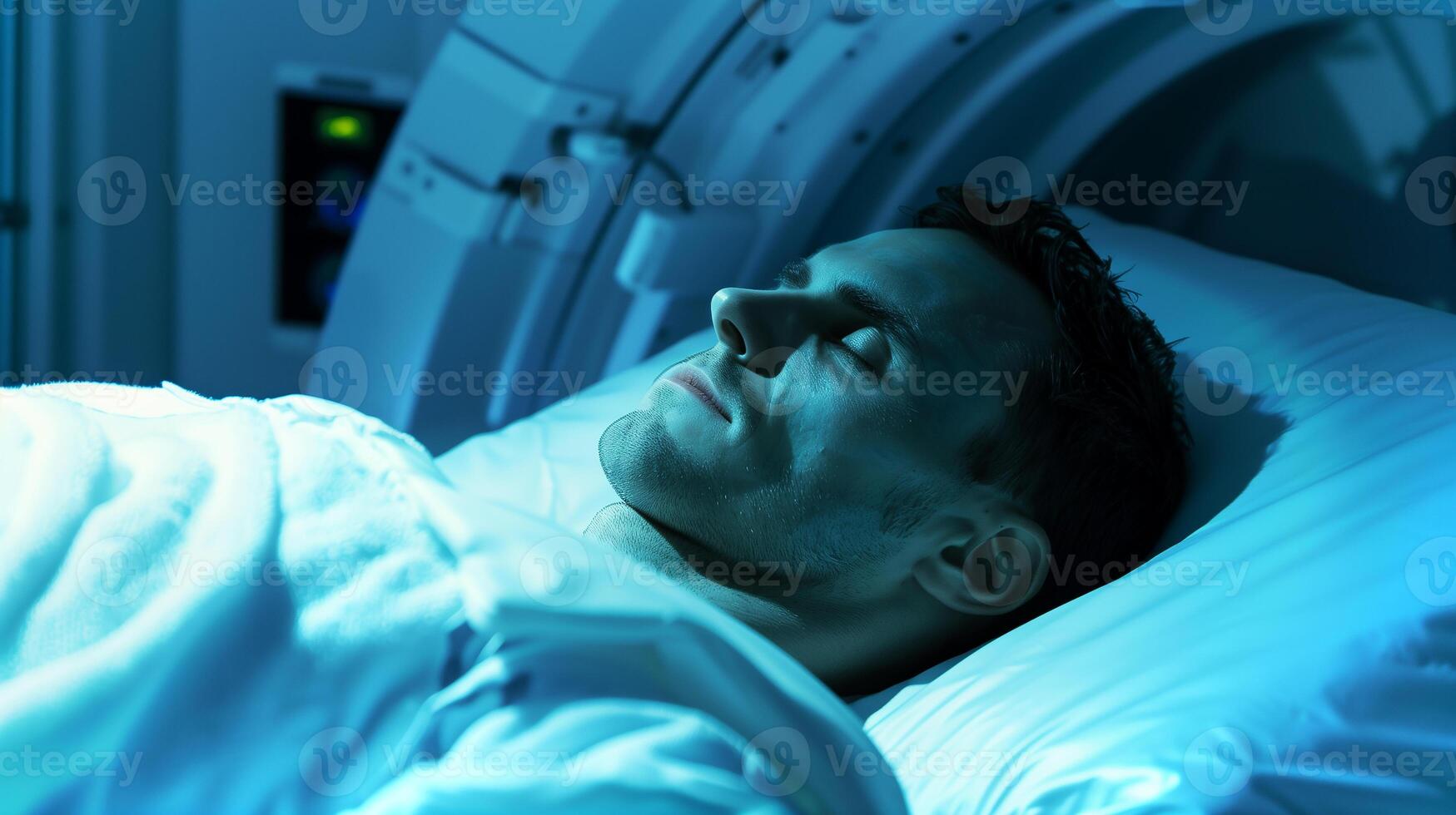 This human subject undergoes cryogenic sleep in a futuristic lab designed for biotechnology research. photo