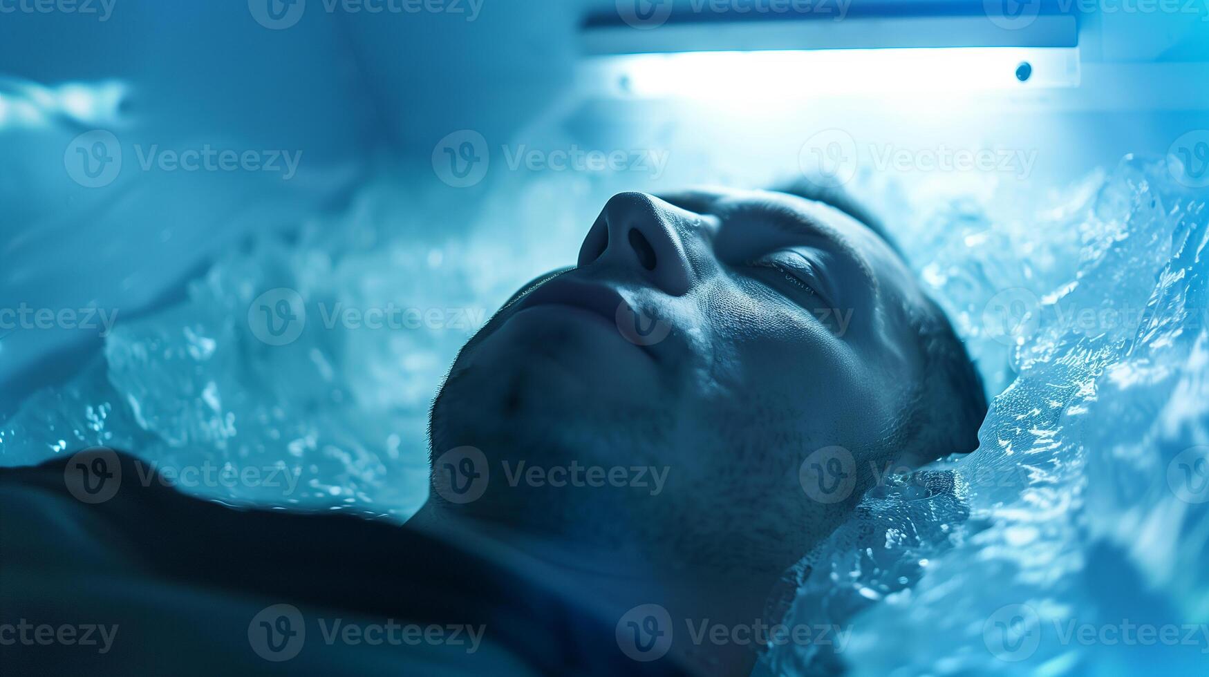 This person in a cryogenic chamber, surrounded by ice, highlights advanced hibernation tech. photo