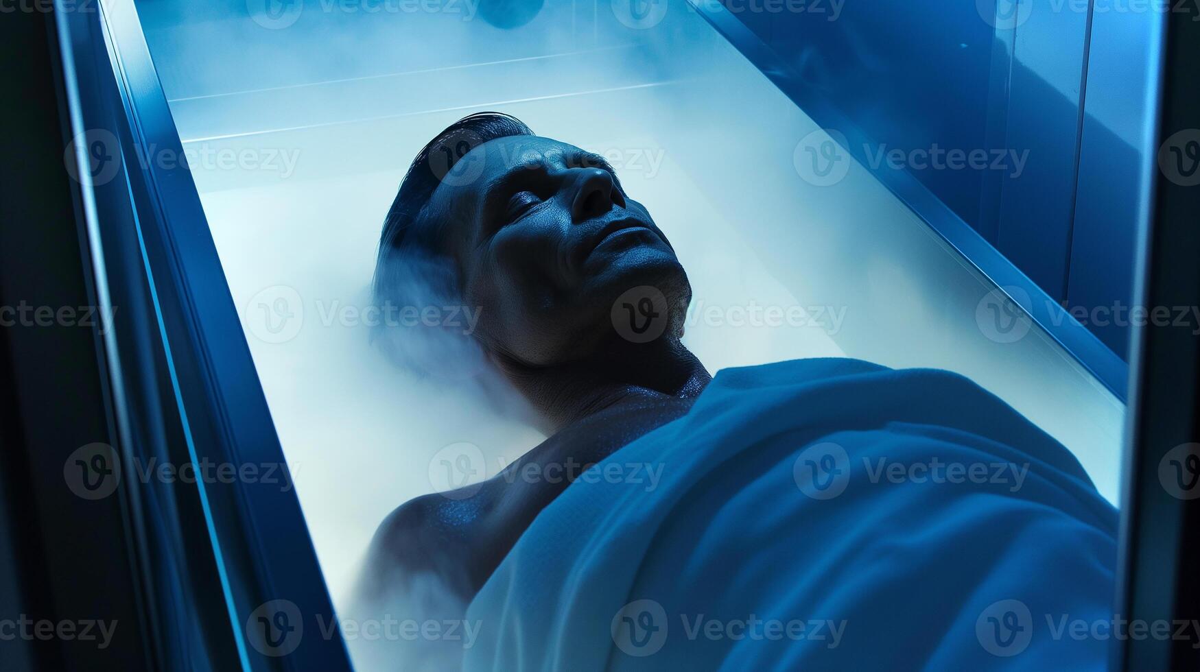 This figure in cryosleep rests in a sleek chamber, enveloped by vapor and advanced tech. photo