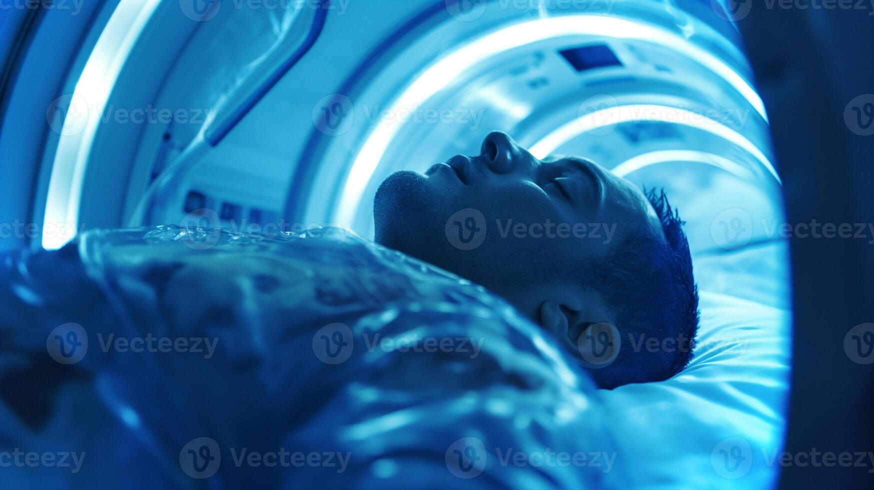 This person in a cryogenic chamber illuminated by blue light, symbolizing future hibernation. photo