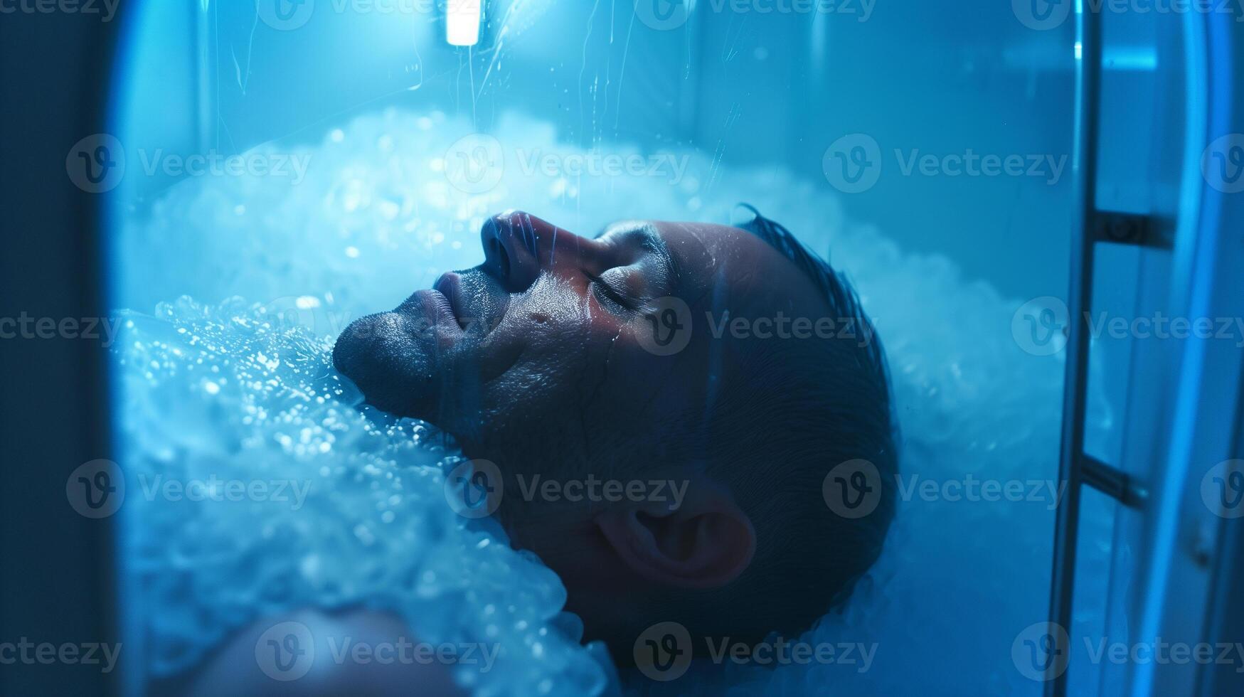 This person floats in a cryogenic chamber, exploring human hibernation and immortality. photo
