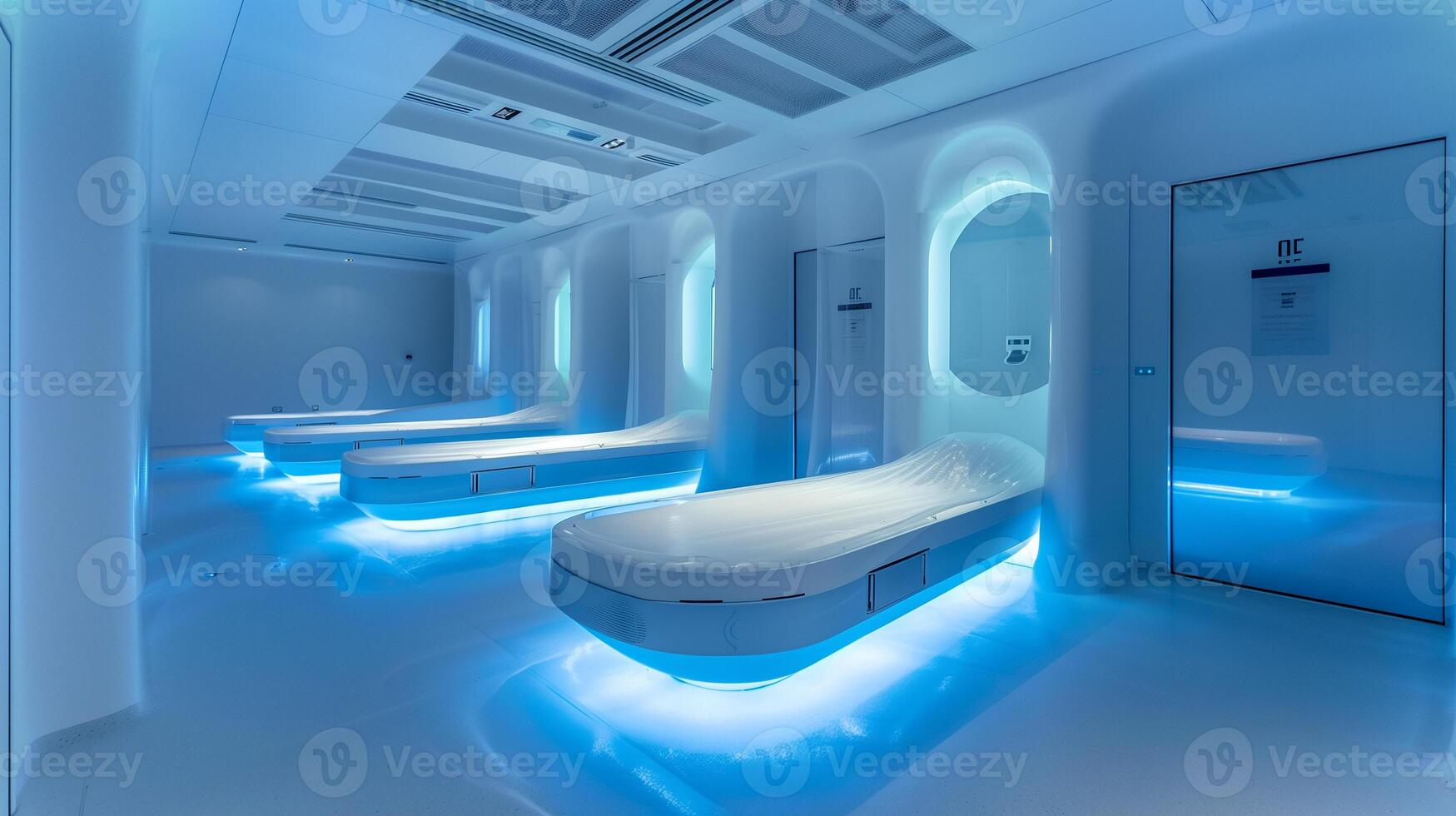 This Cutting-edge cryogenics center featuring sleek cryosleep pods designed for hibernation. photo