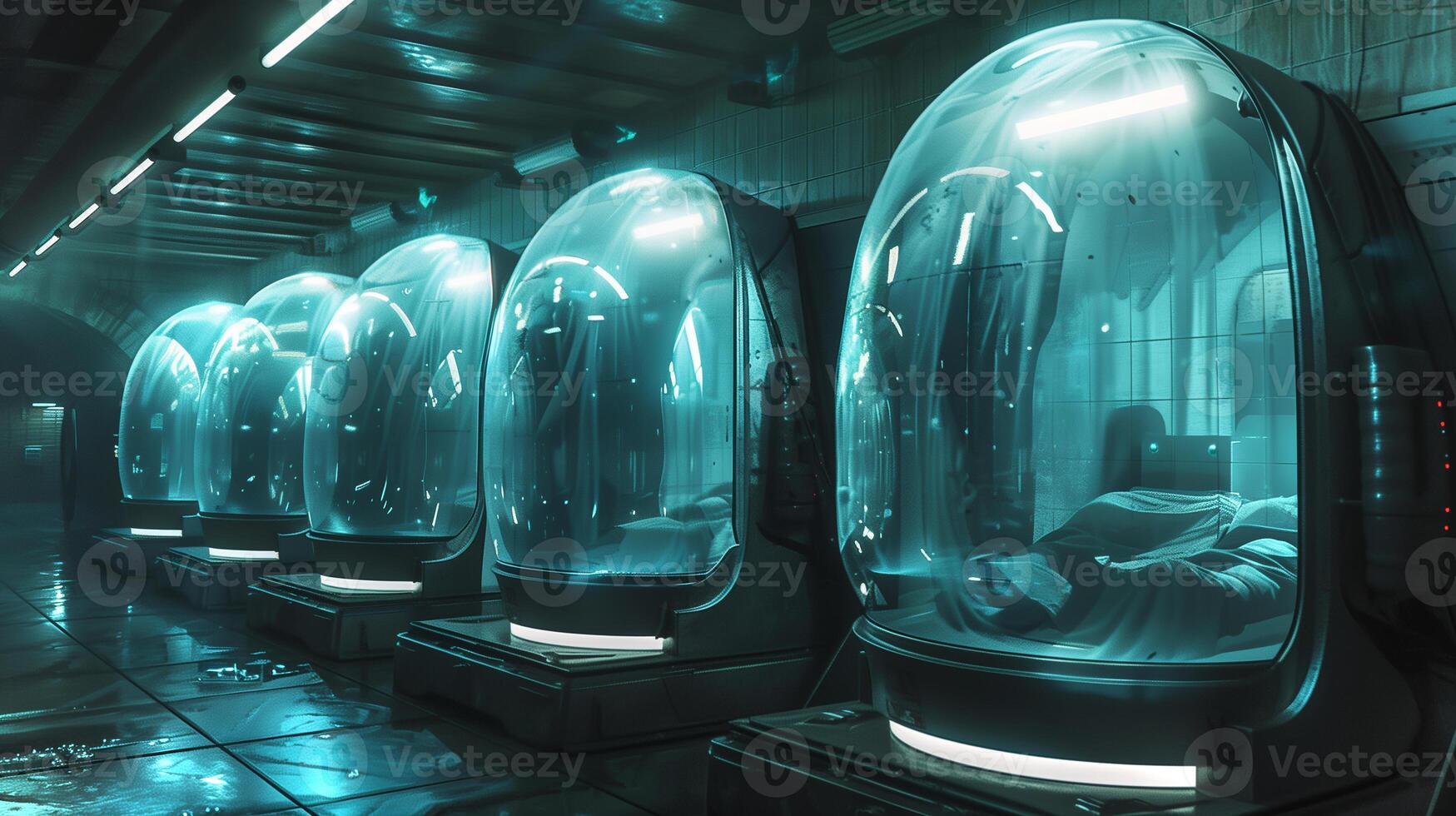 This Explore advanced cryogenic chambers for human hibernation and immortality in a high-tech lab. photo