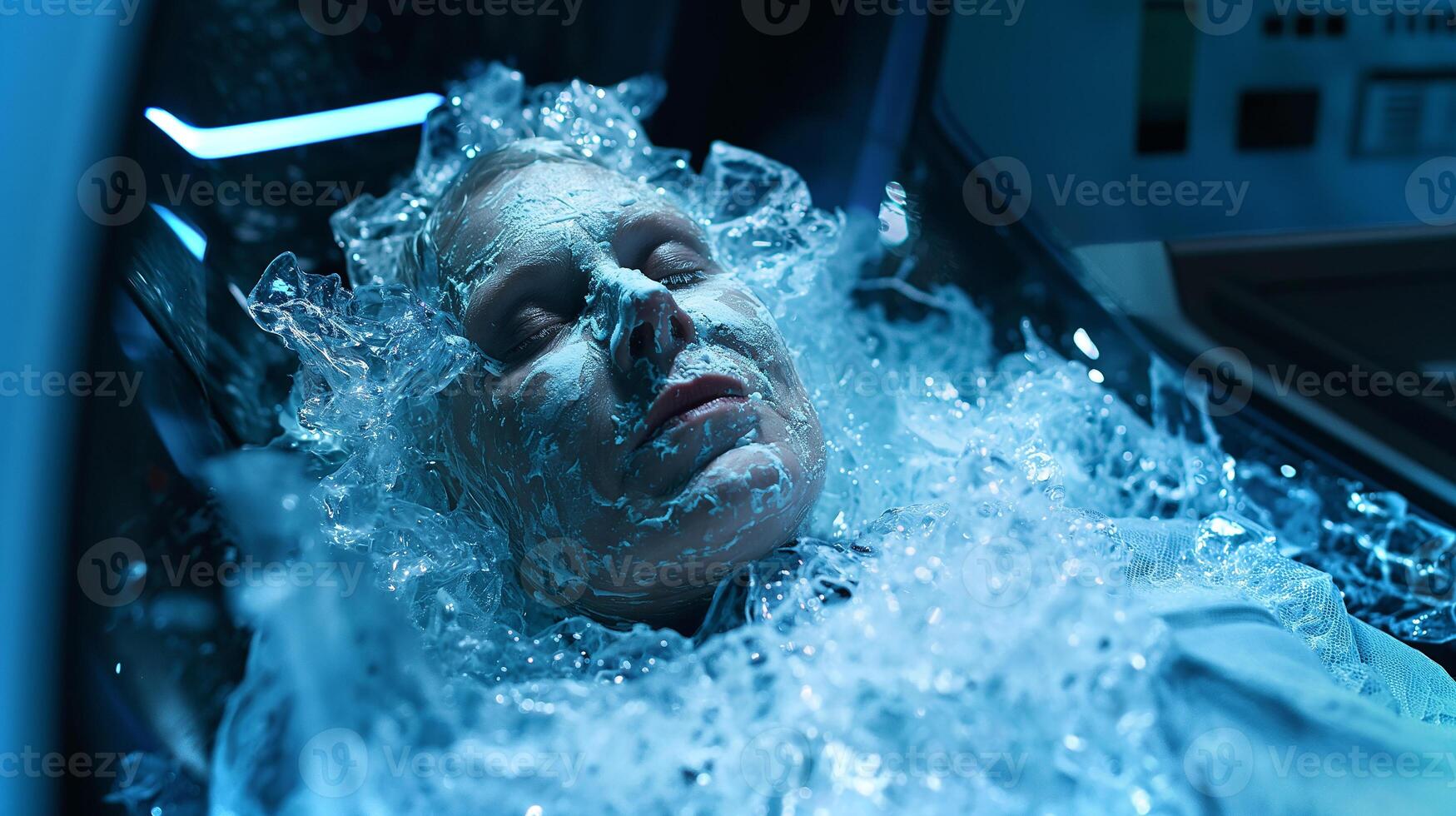 This person in cryogenic sleep amid ice symbolizes advanced space exploration technology. photo