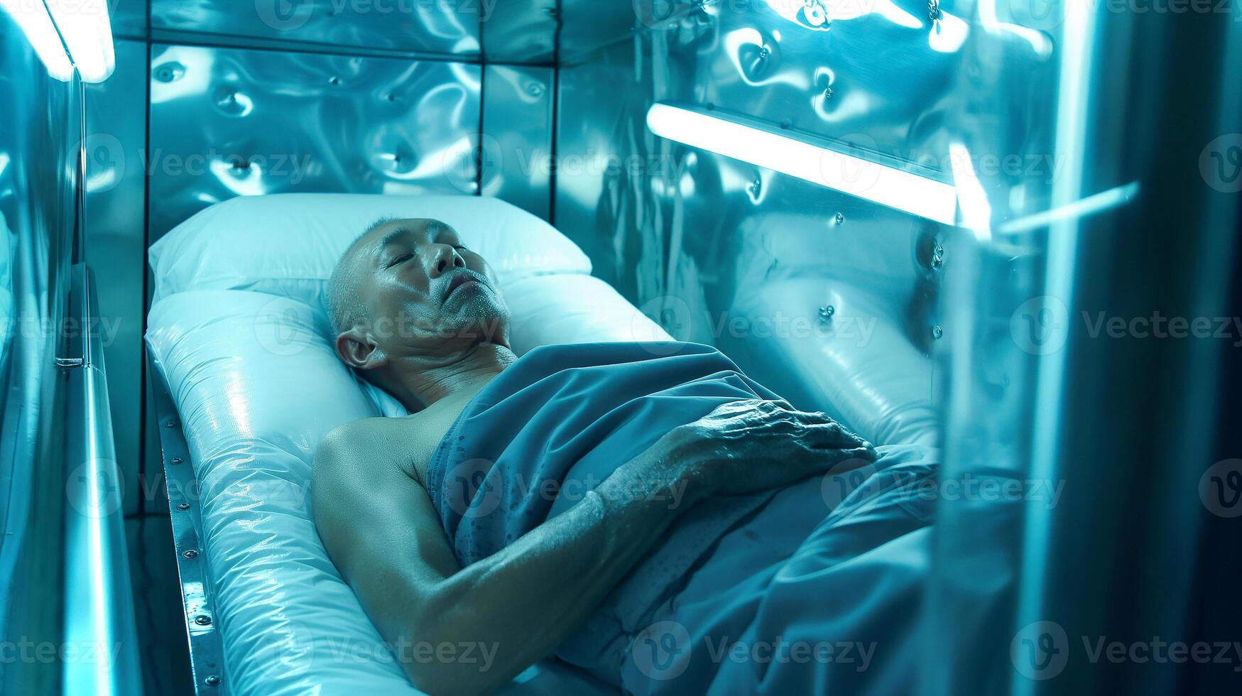 This person in a cryogenic chamber highlights advanced biotech for preservation and exploration. photo