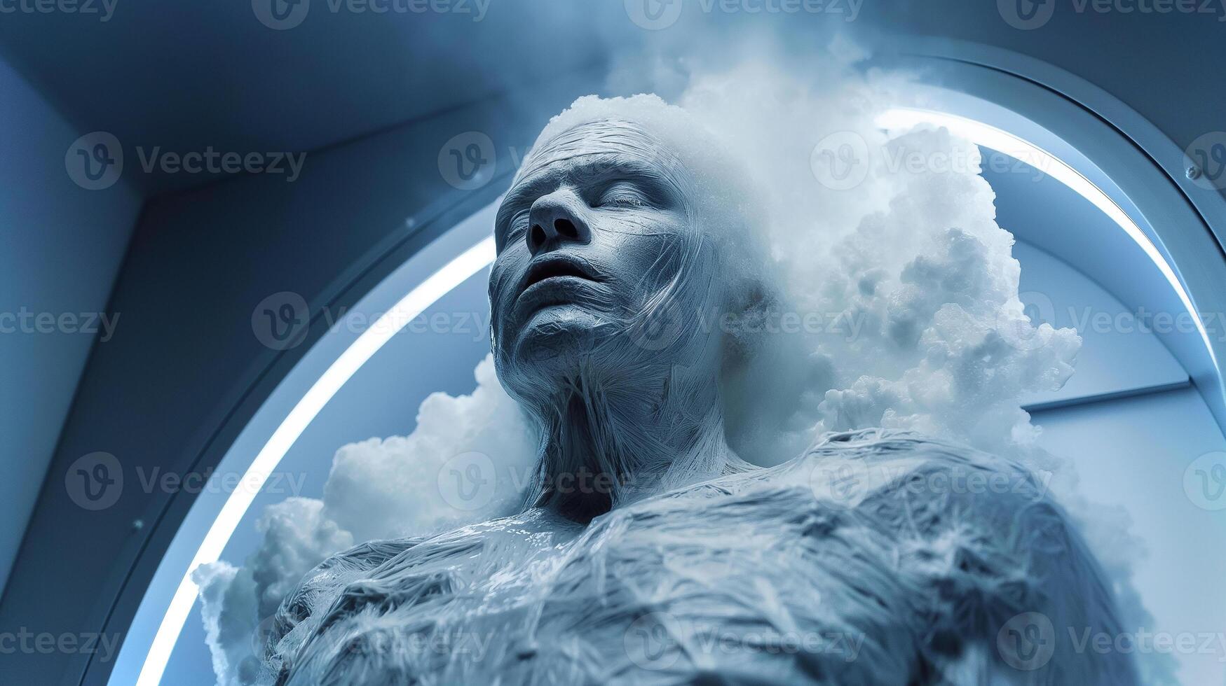 This human figure preserved in cryogenic suspension within a high-tech environment for exploration. photo