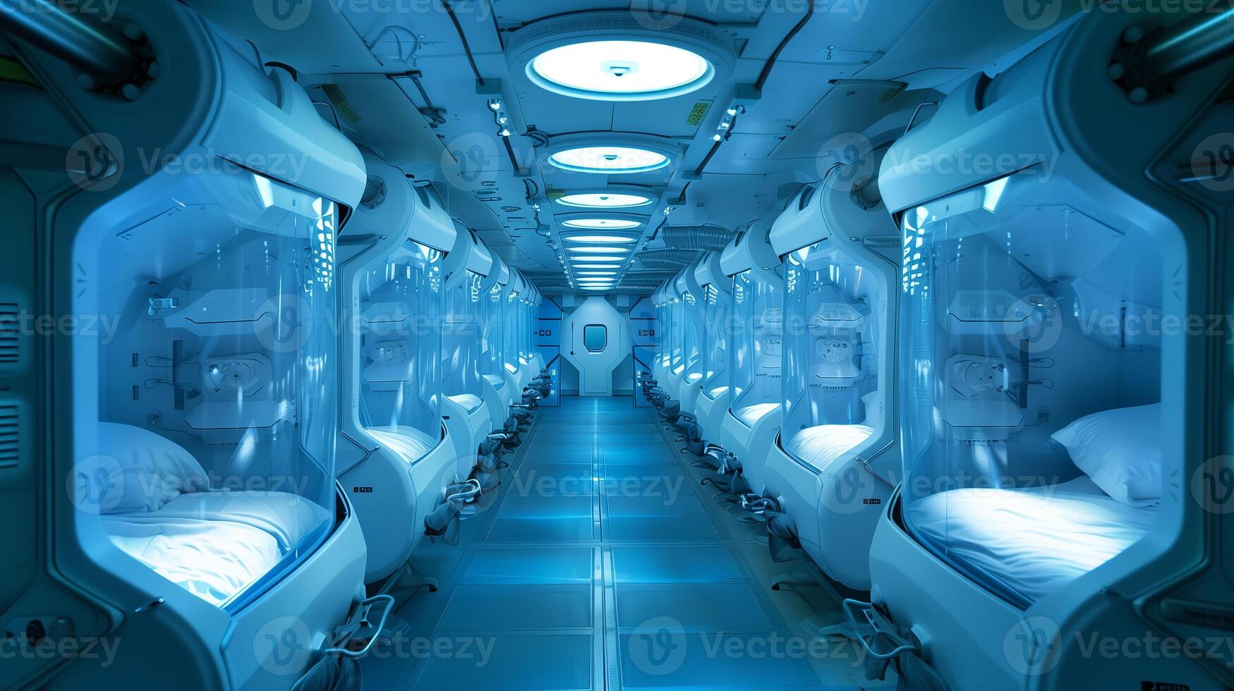 This Modern cryogenic chambers arranged in rows, prepared for long-term human hibernation in space. photo