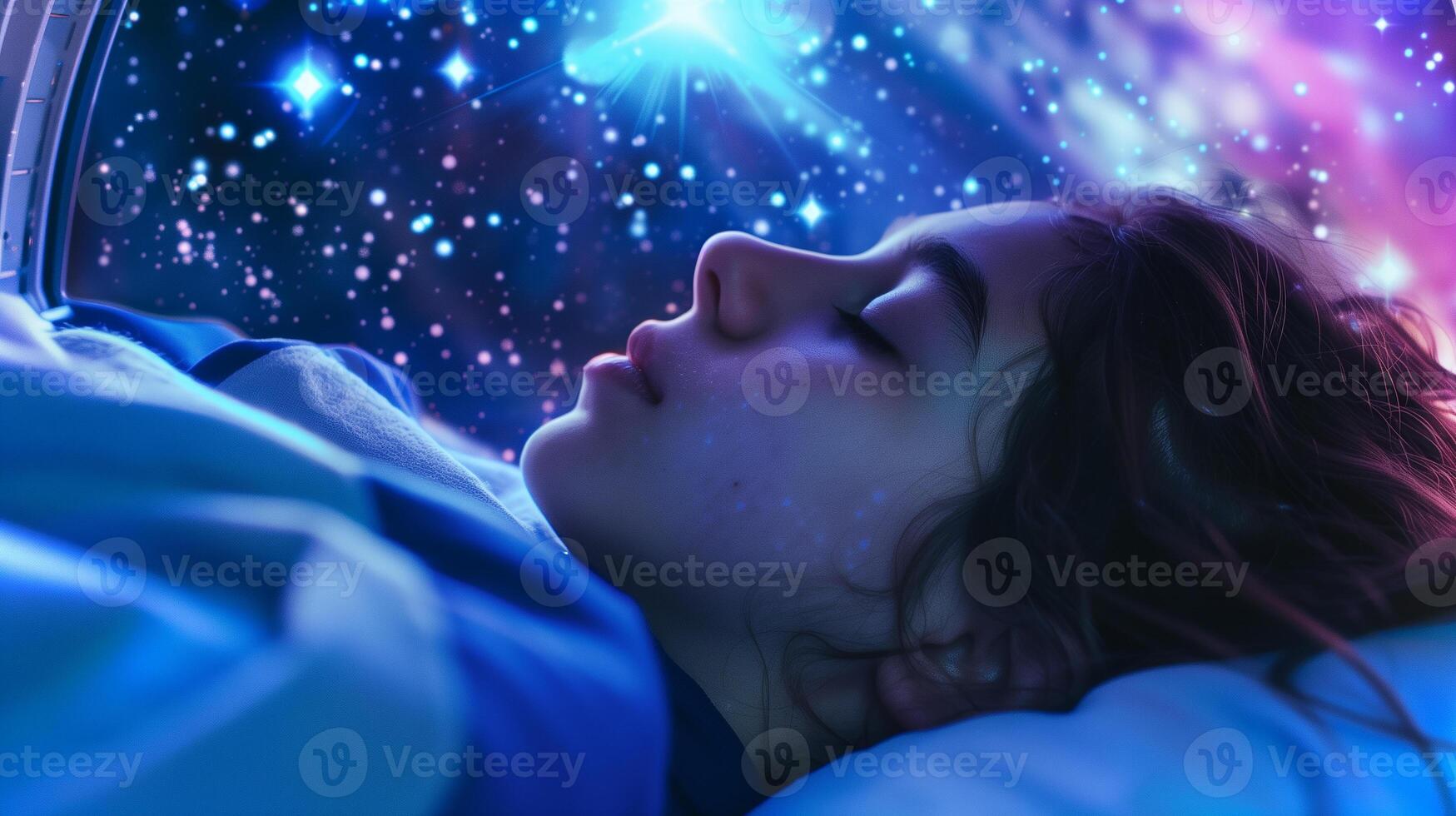 This young individual experiences cryosleep in a space environment, showcasing future biotechnology. photo