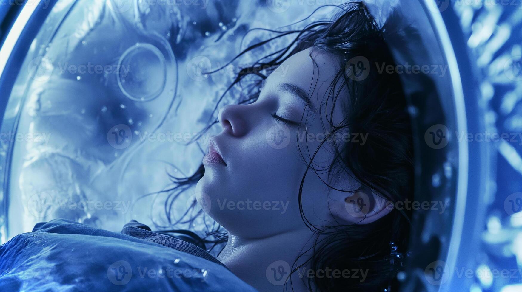 This subject lies in cryogenic suspension, surrounded by futuristic tech, pondering space travel. photo