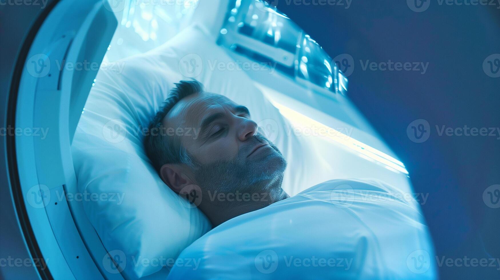 This Person undergoing cryogenic suspension in a futuristic biotechnology chamber for exploration. photo