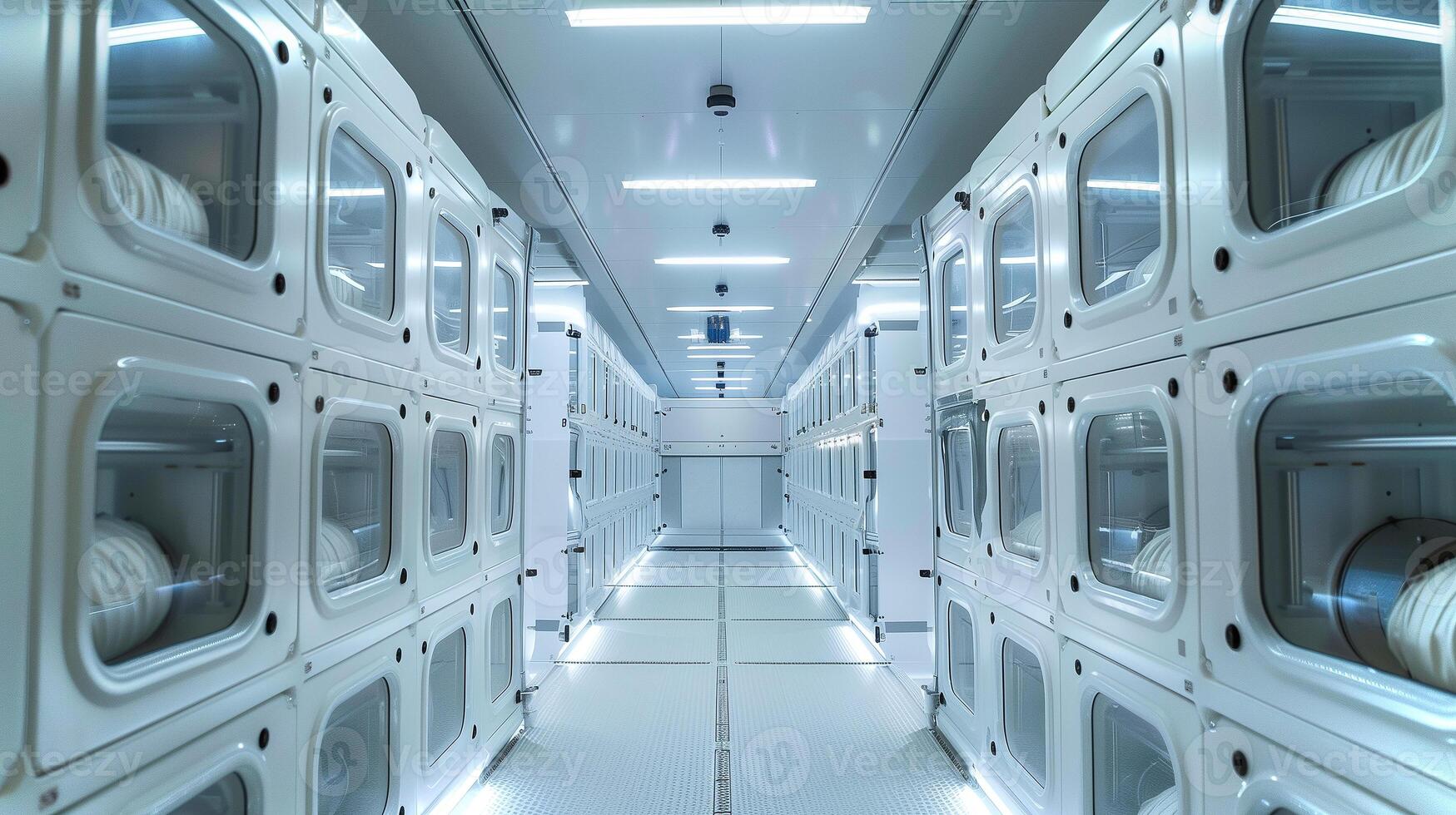 This futuristic space designed for cryogenic suspension and hibernation of humans for exploration. photo