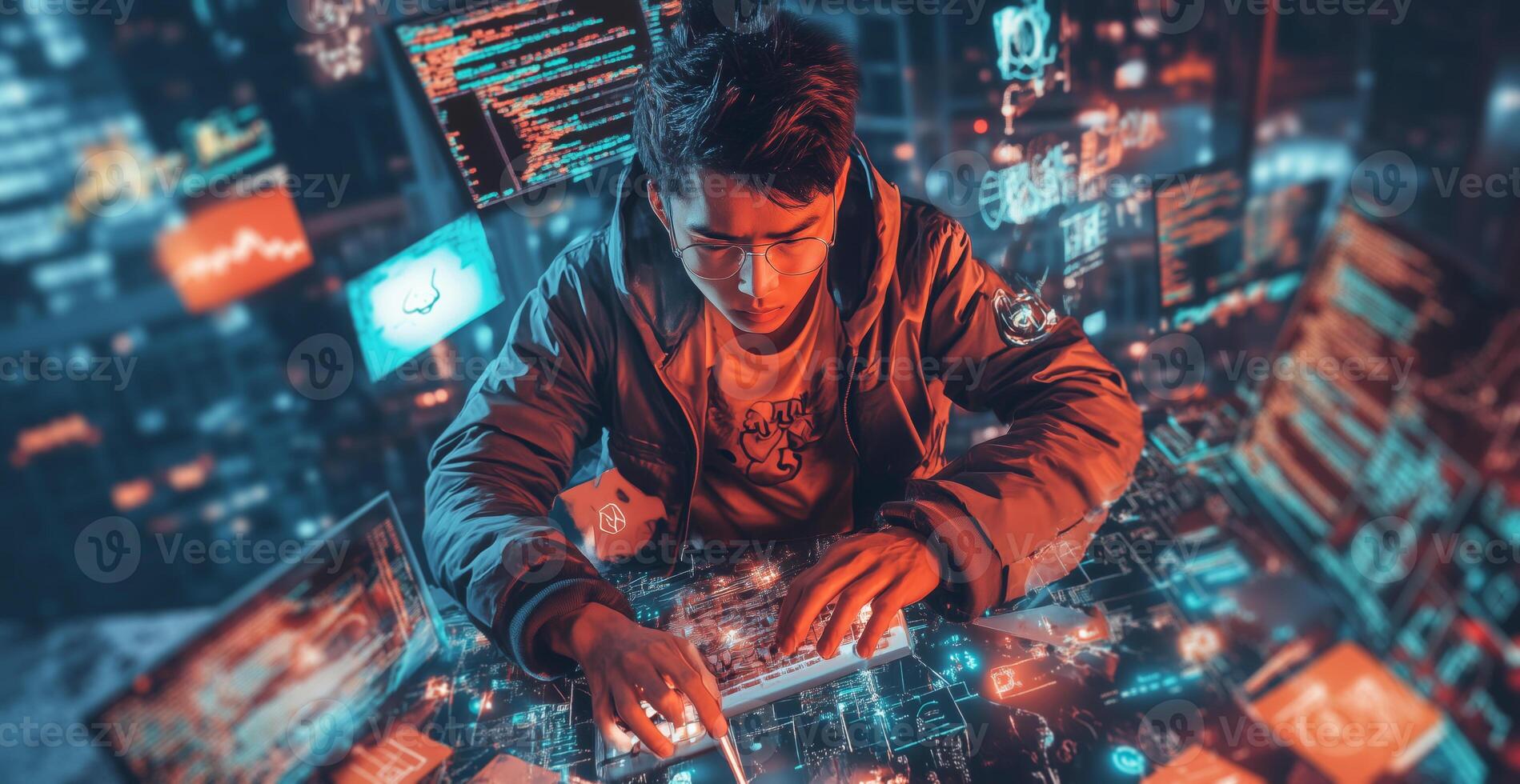 A cybersecurity expert focuses intensely on a virtual interface, analyzing data to manage and mitigate risks related to a potential data breach in a futuristic setting. photo