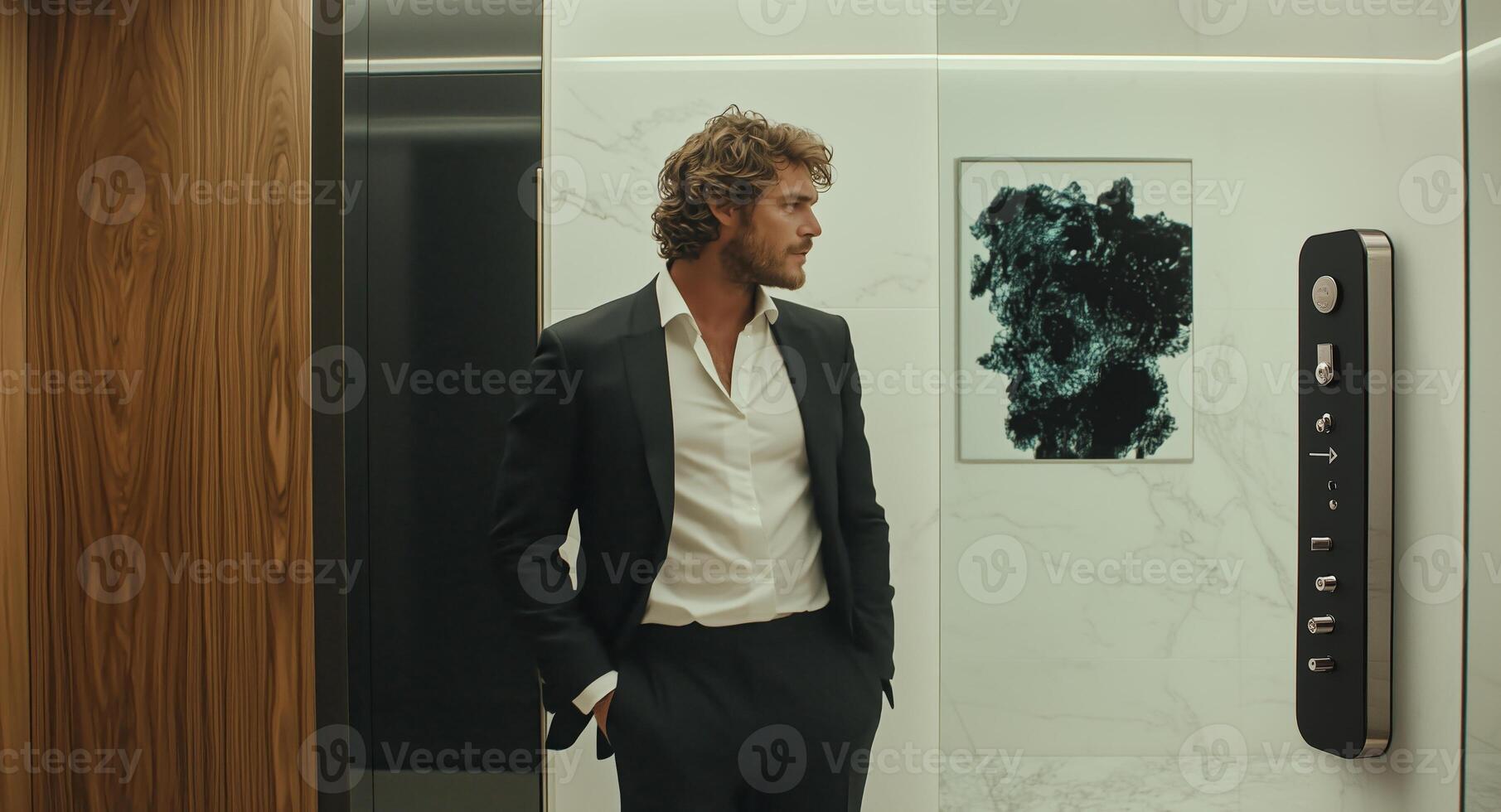 A cybersecurity expert in formal attire pauses thoughtfully in a modern elevator. He considers strategies for managing data risks while facing the sleek elevator panel and abstract art. photo